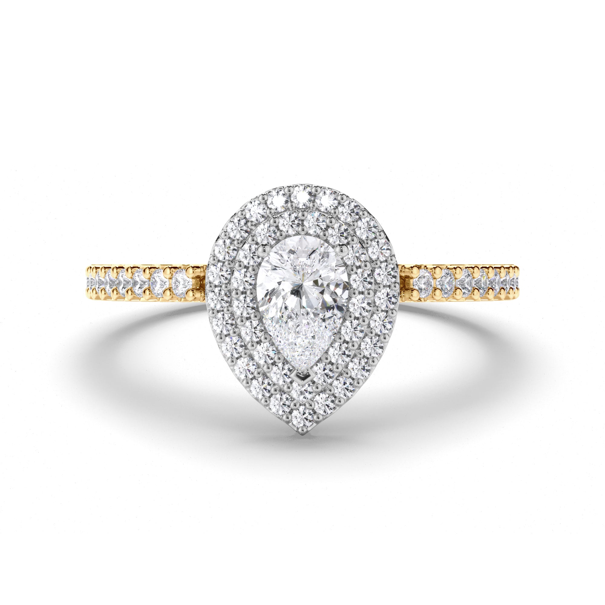 Pear Diamond Engagement Ring with Cut Claw Double Halo and Diamond Band