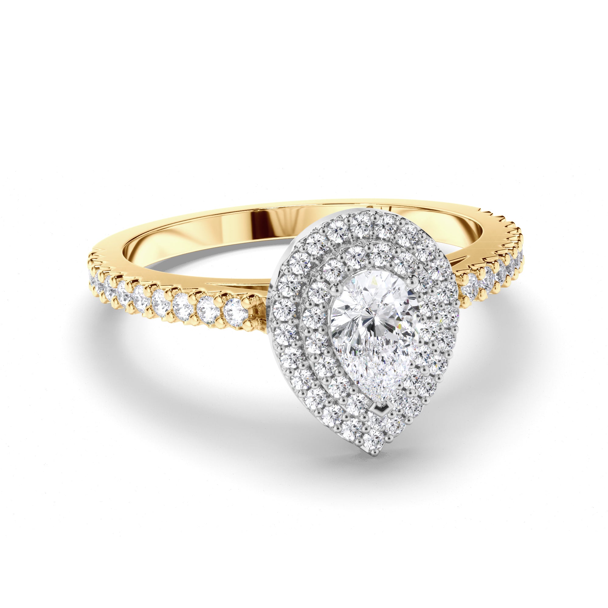 Pear Diamond Engagement Ring with Cut Claw Double Halo and Diamond Band