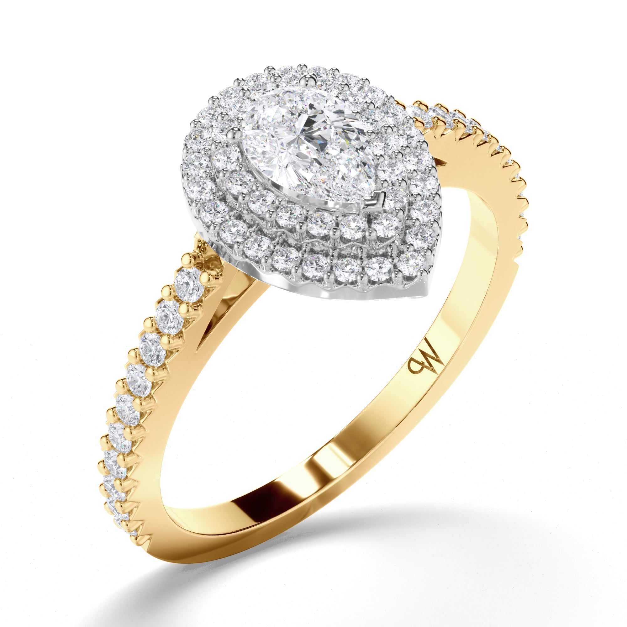 Pear Diamond Engagement Ring with Cut Claw Double Halo and Diamond Band