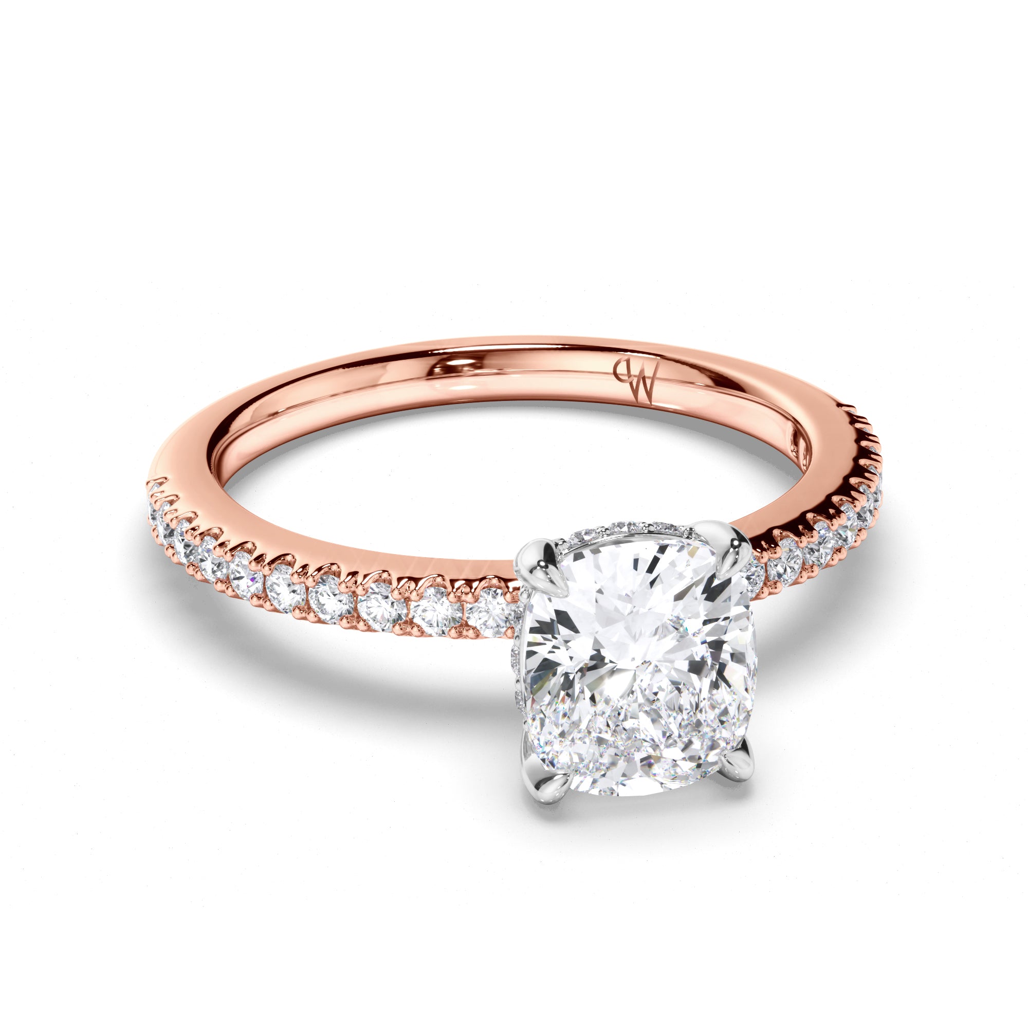 Cushion Diamond Solitaire Engagement Ring with Hidden Halo