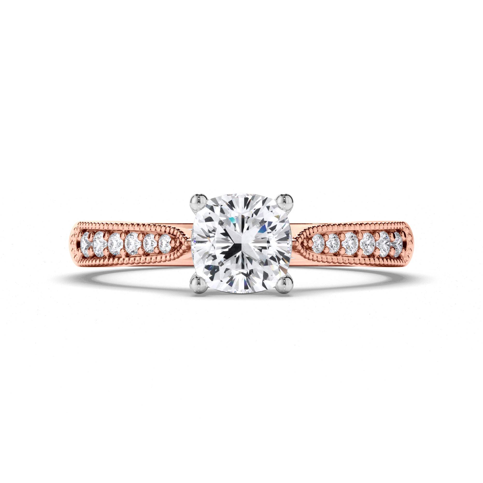 Cushion Diamond Engagement Ring with Bead Set and Milgrain Band