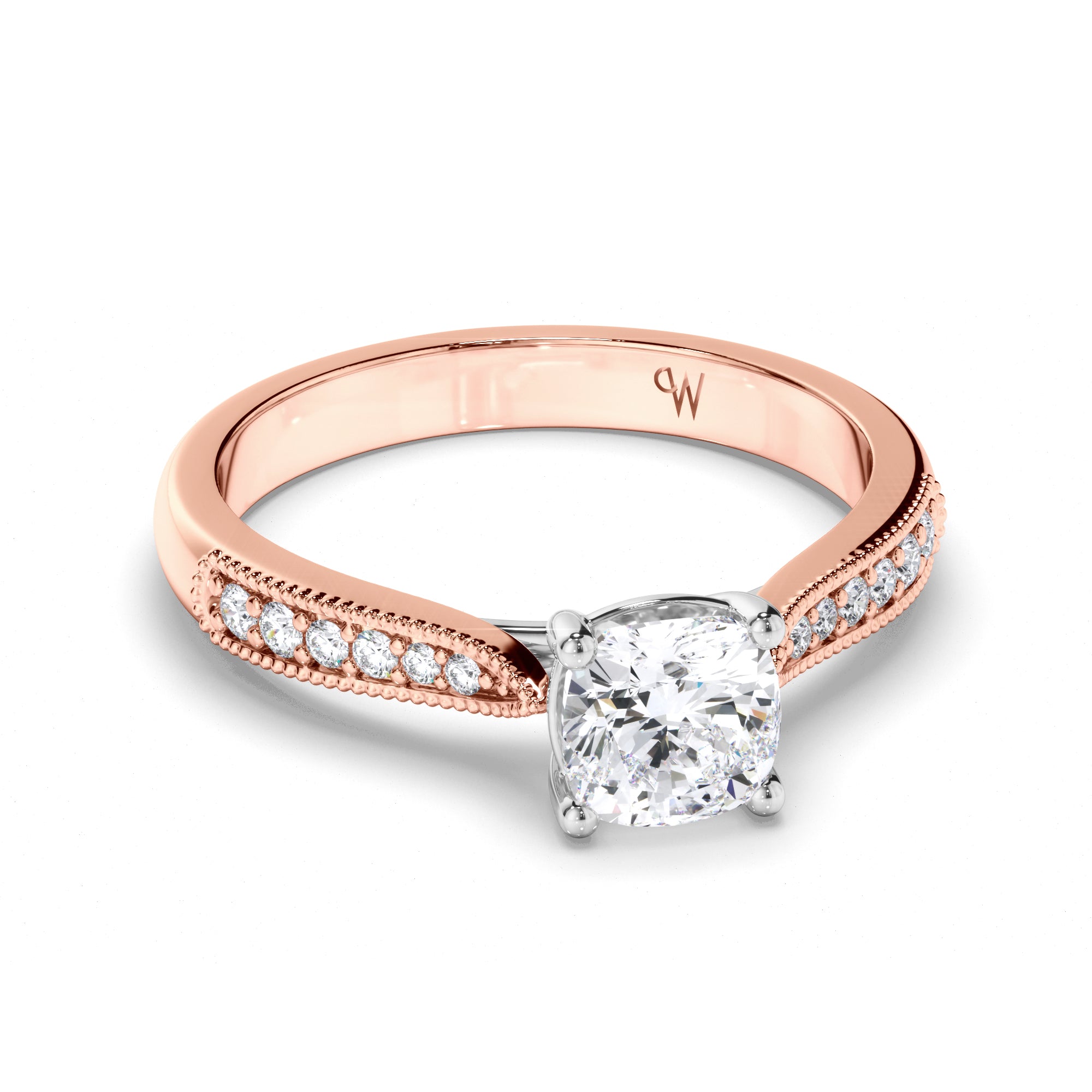 Cushion Diamond Engagement Ring with Bead Set and Milgrain Band