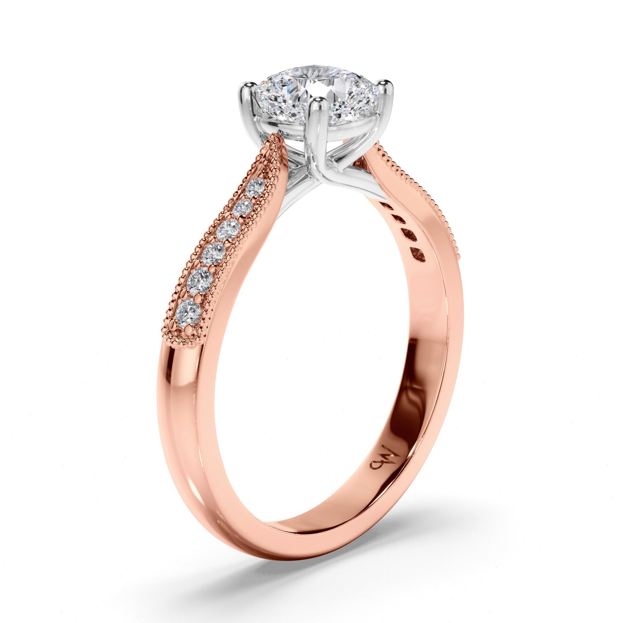 Cushion Diamond Engagement Ring with Bead Set and Milgrain Band