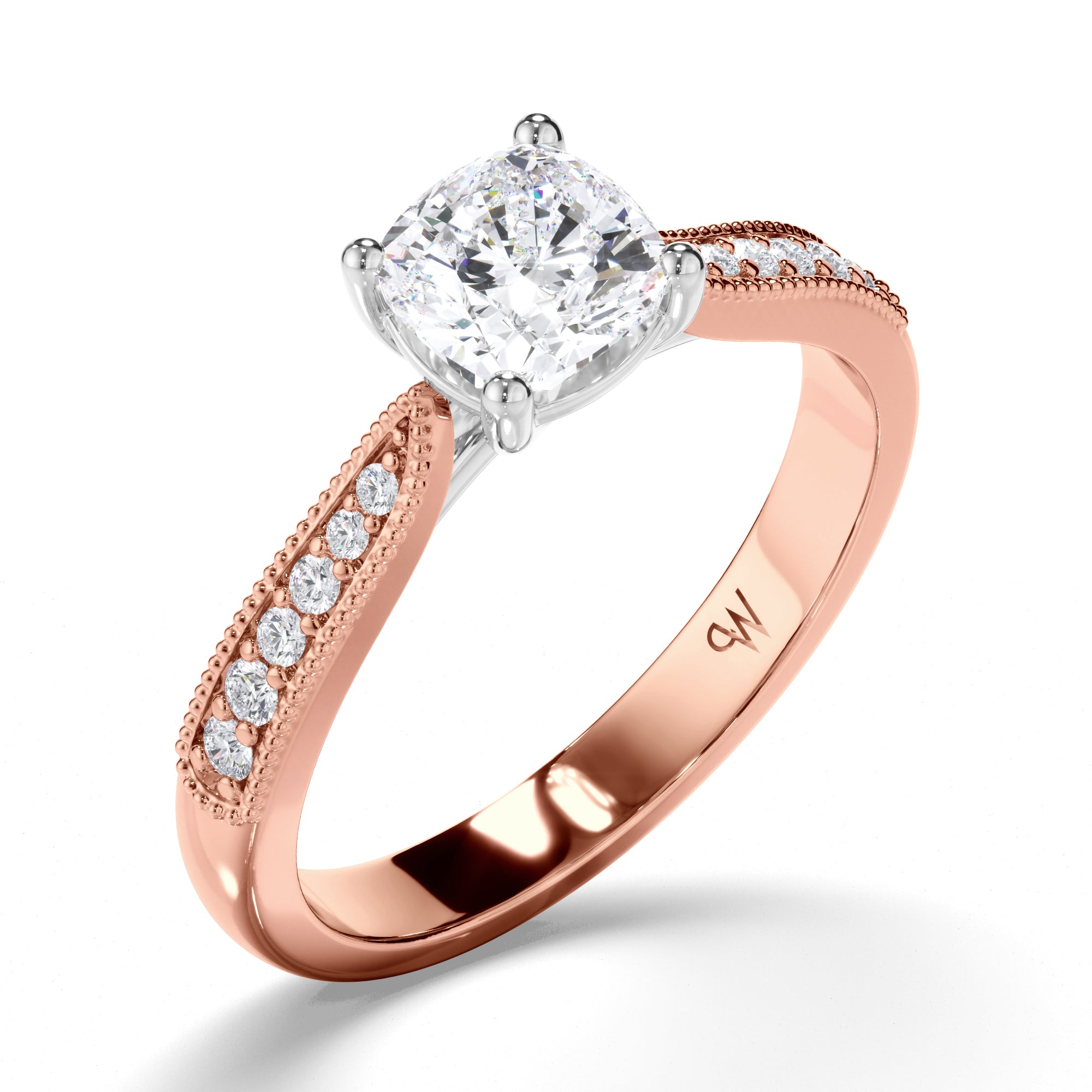 Cushion Diamond Engagement Ring with Bead Set and Milgrain Band
