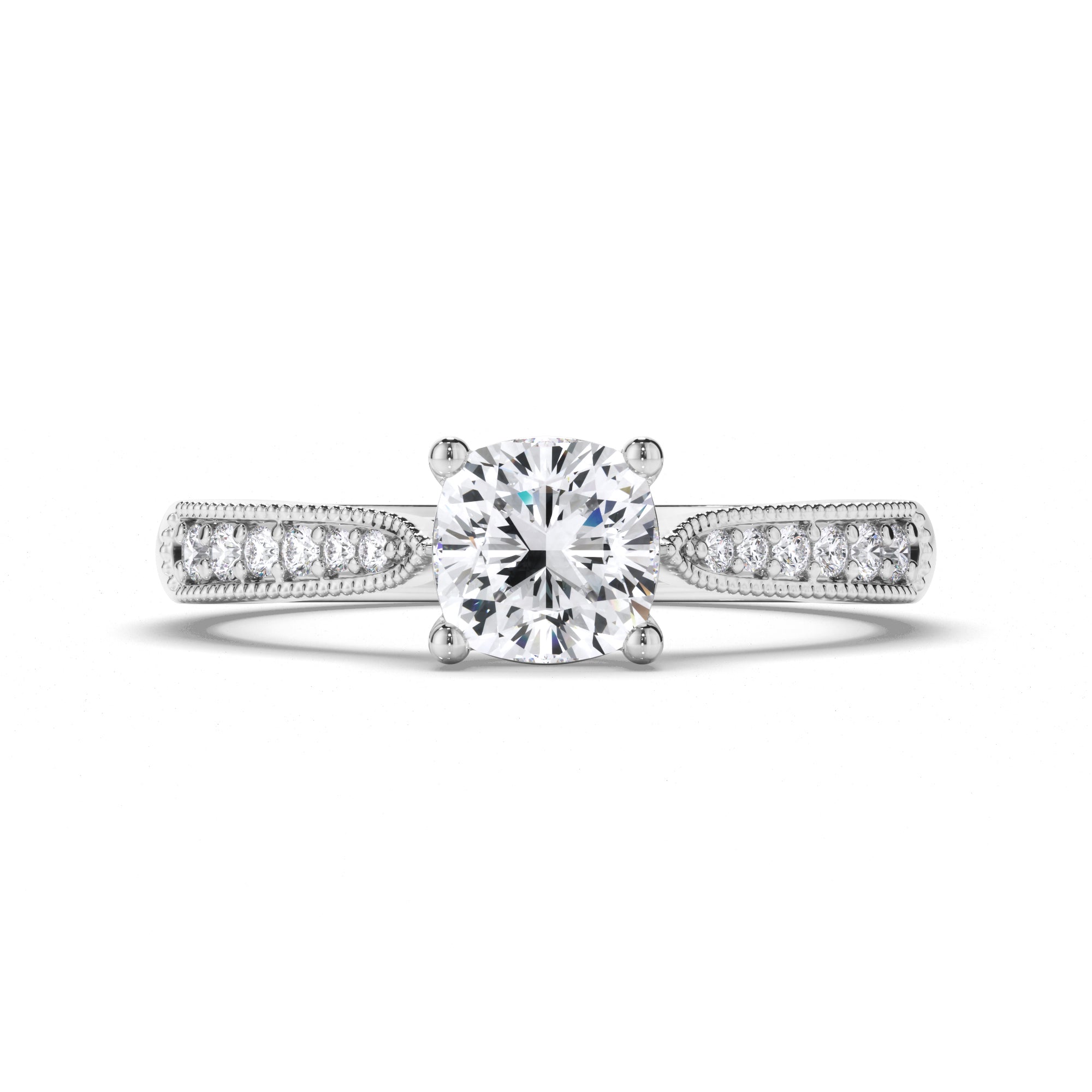 Cushion Diamond Engagement Ring with Bead Set and Milgrain Band