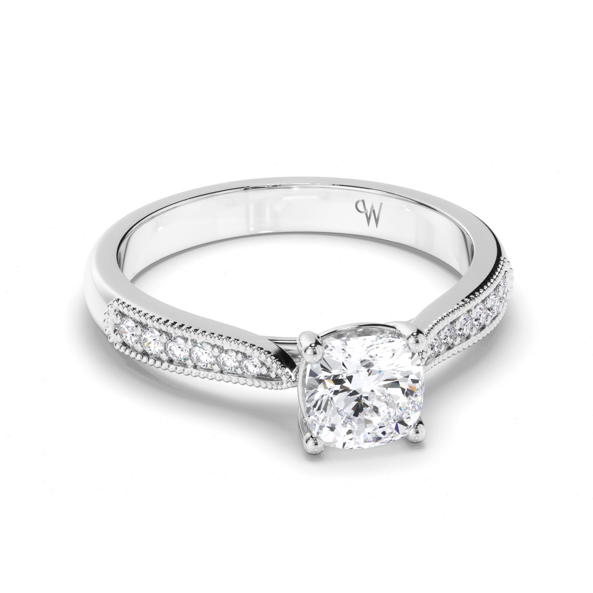 Cushion Diamond Engagement Ring with Bead Set and Milgrain Band