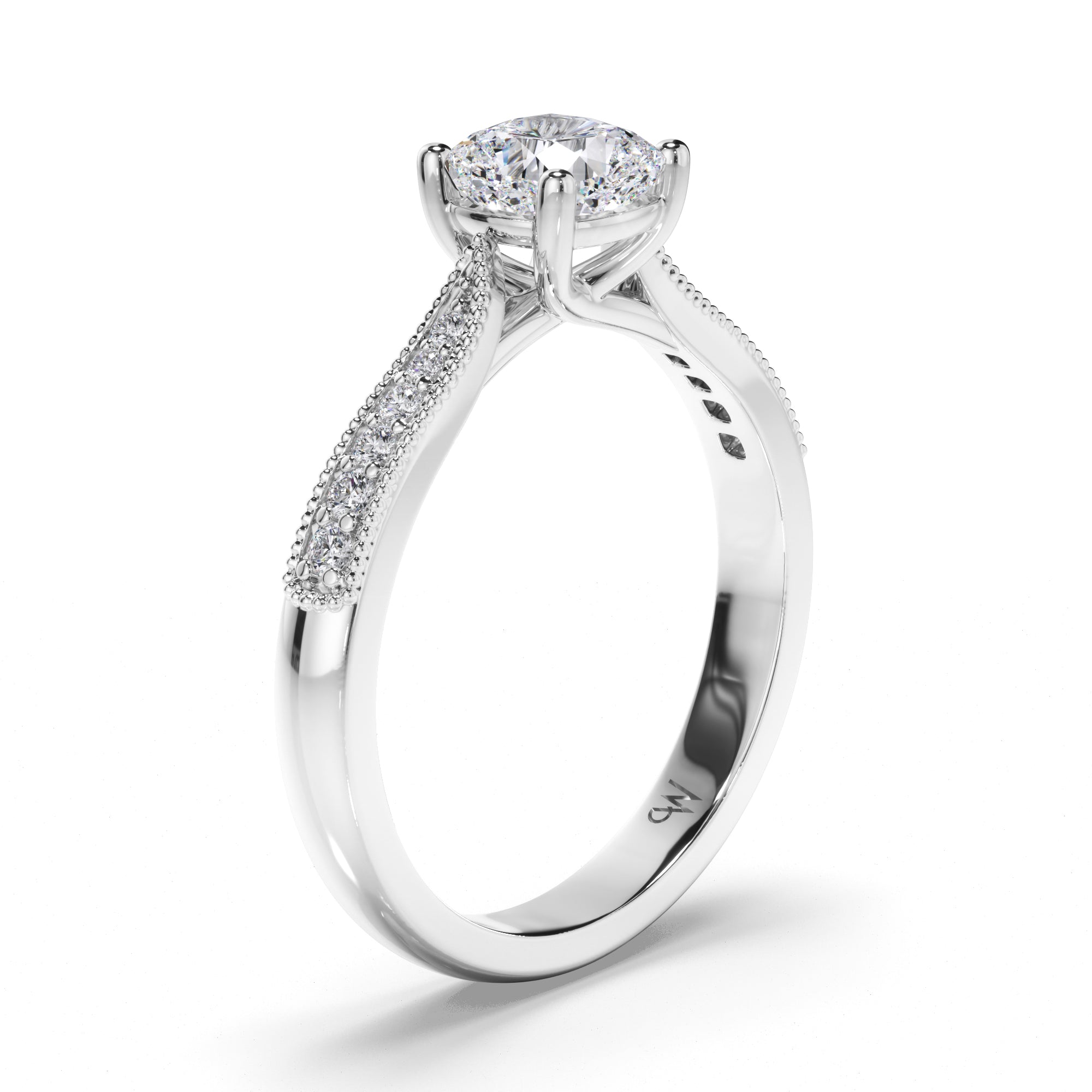 Cushion Diamond Engagement Ring with Bead Set and Milgrain Band