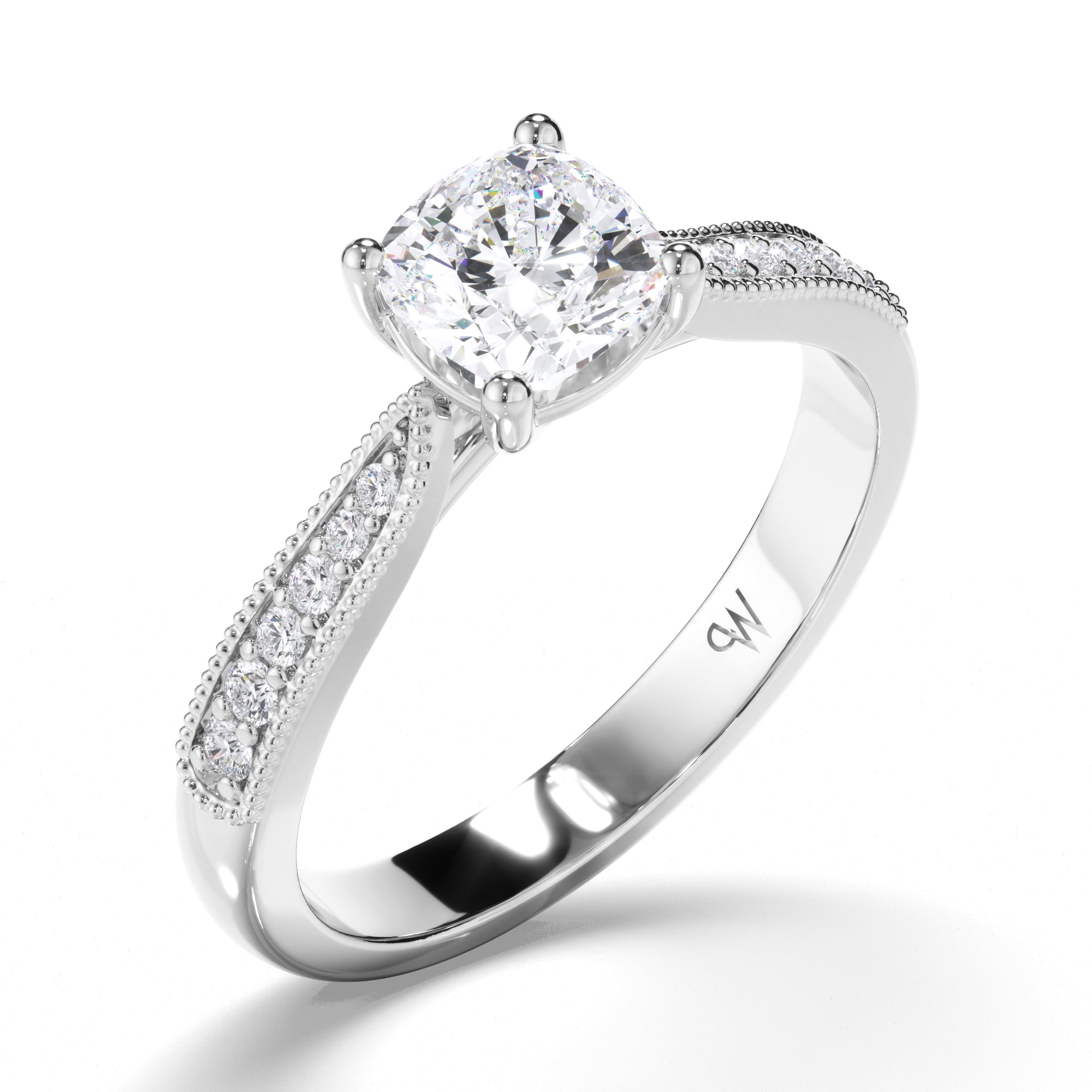 Cushion Diamond Engagement Ring with Bead Set and Milgrain Band