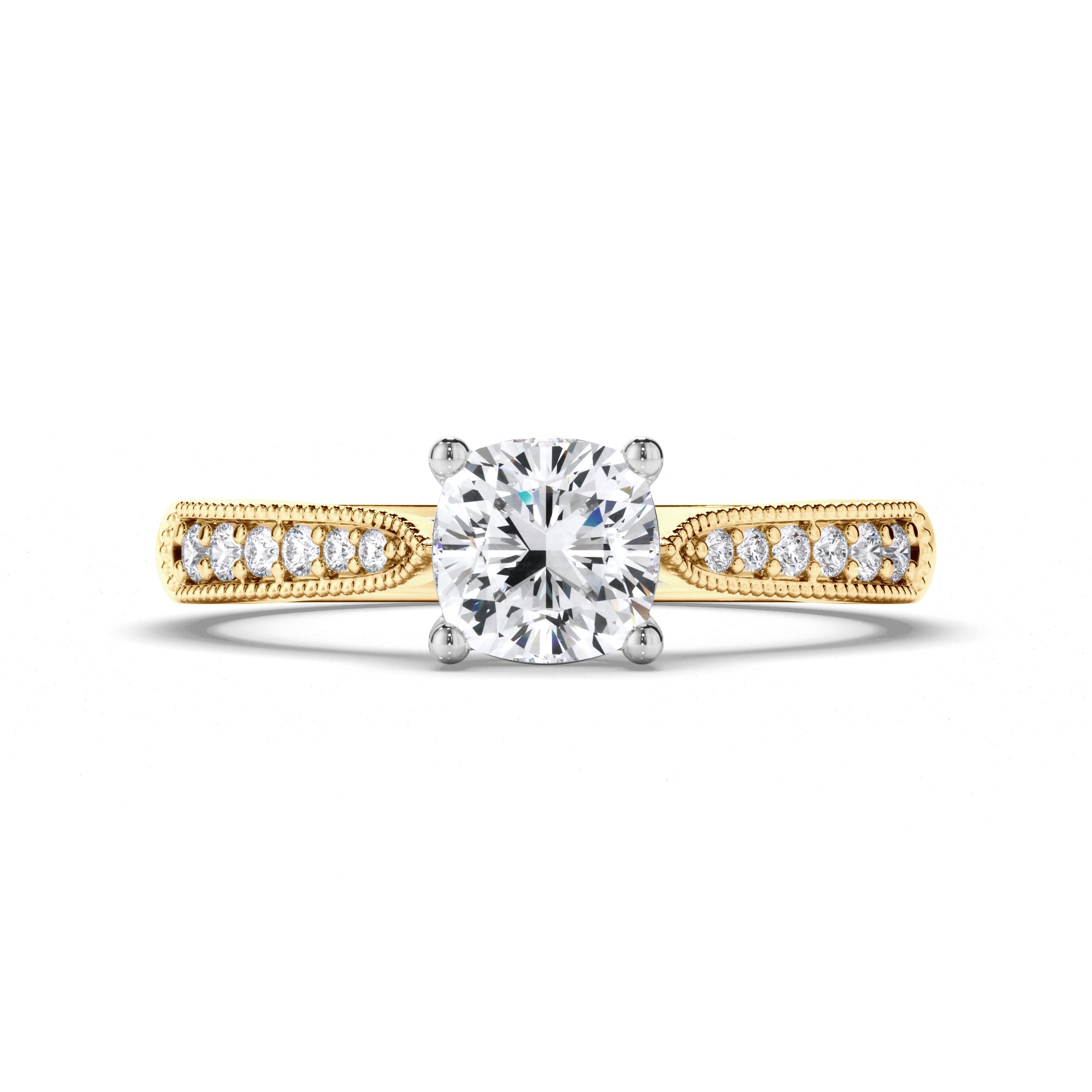 Cushion Diamond Engagement Ring with Bead Set and Milgrain Band