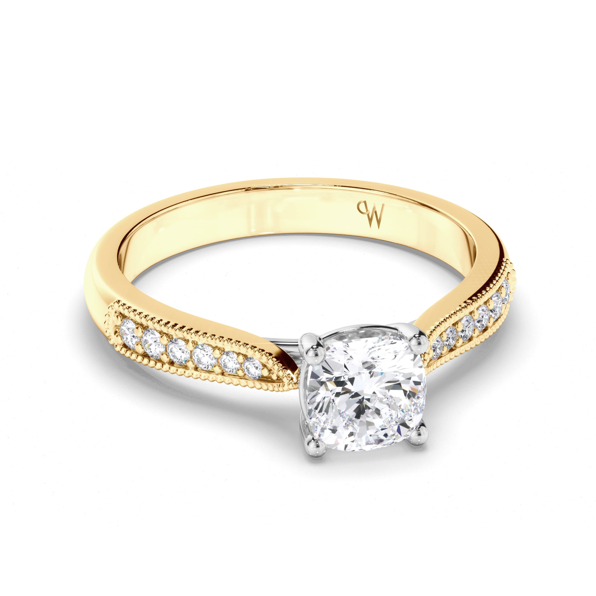 Cushion Diamond Engagement Ring with Bead Set and Milgrain Band