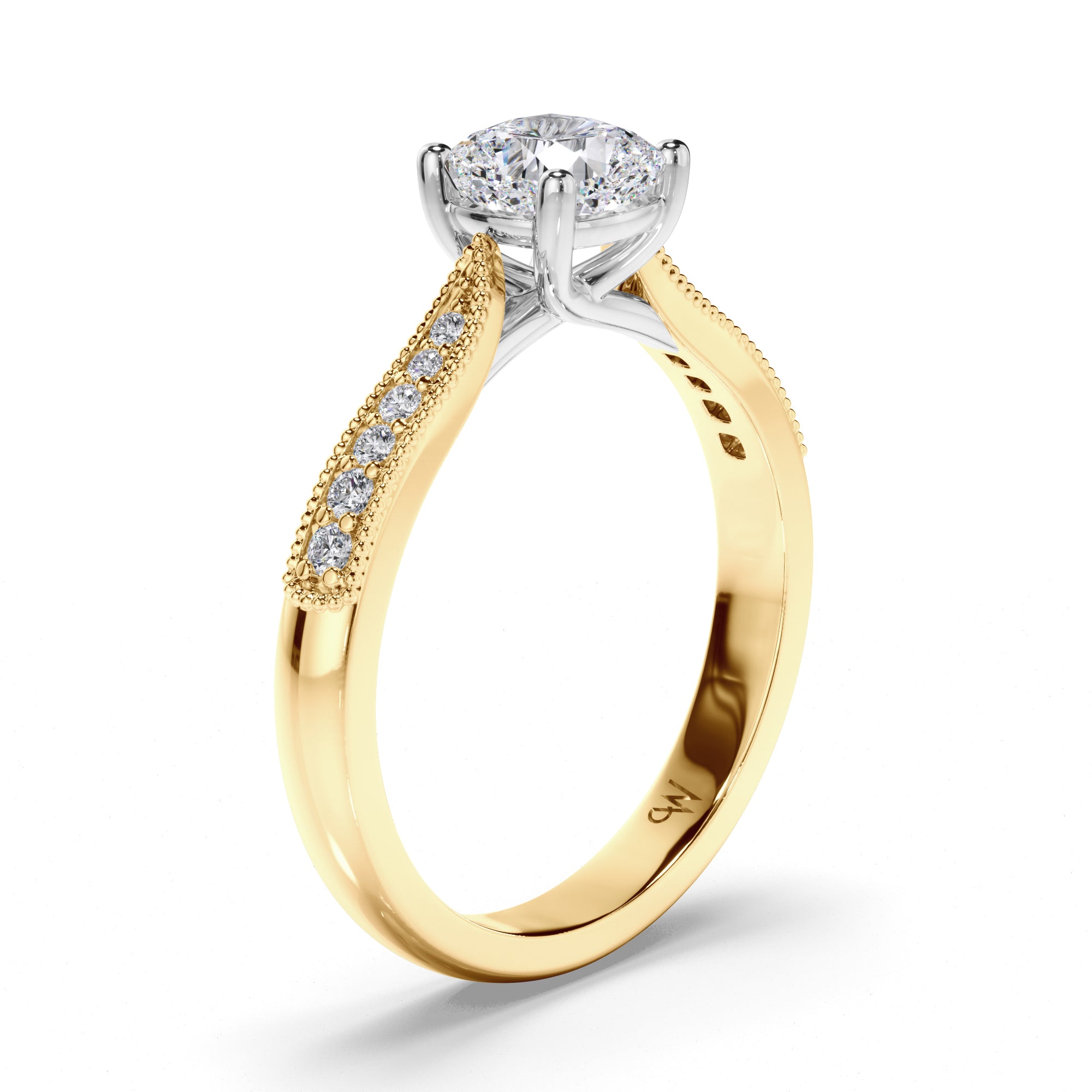 Cushion Diamond Engagement Ring with Bead Set and Milgrain Band
