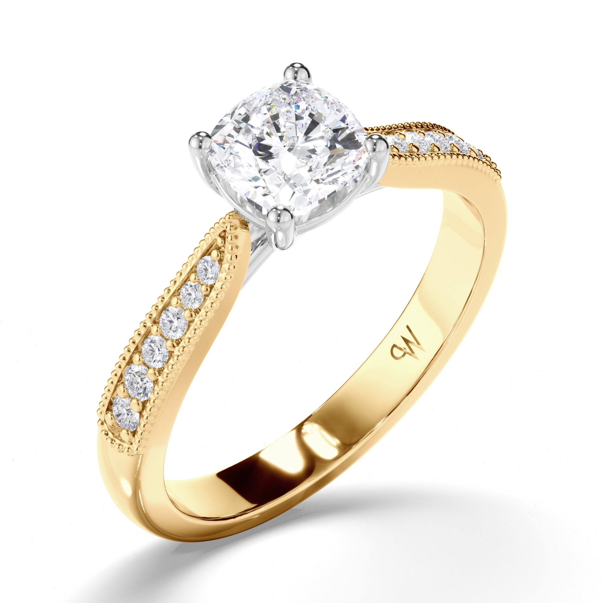 Cushion Diamond Engagement Ring with Bead Set and Milgrain Band