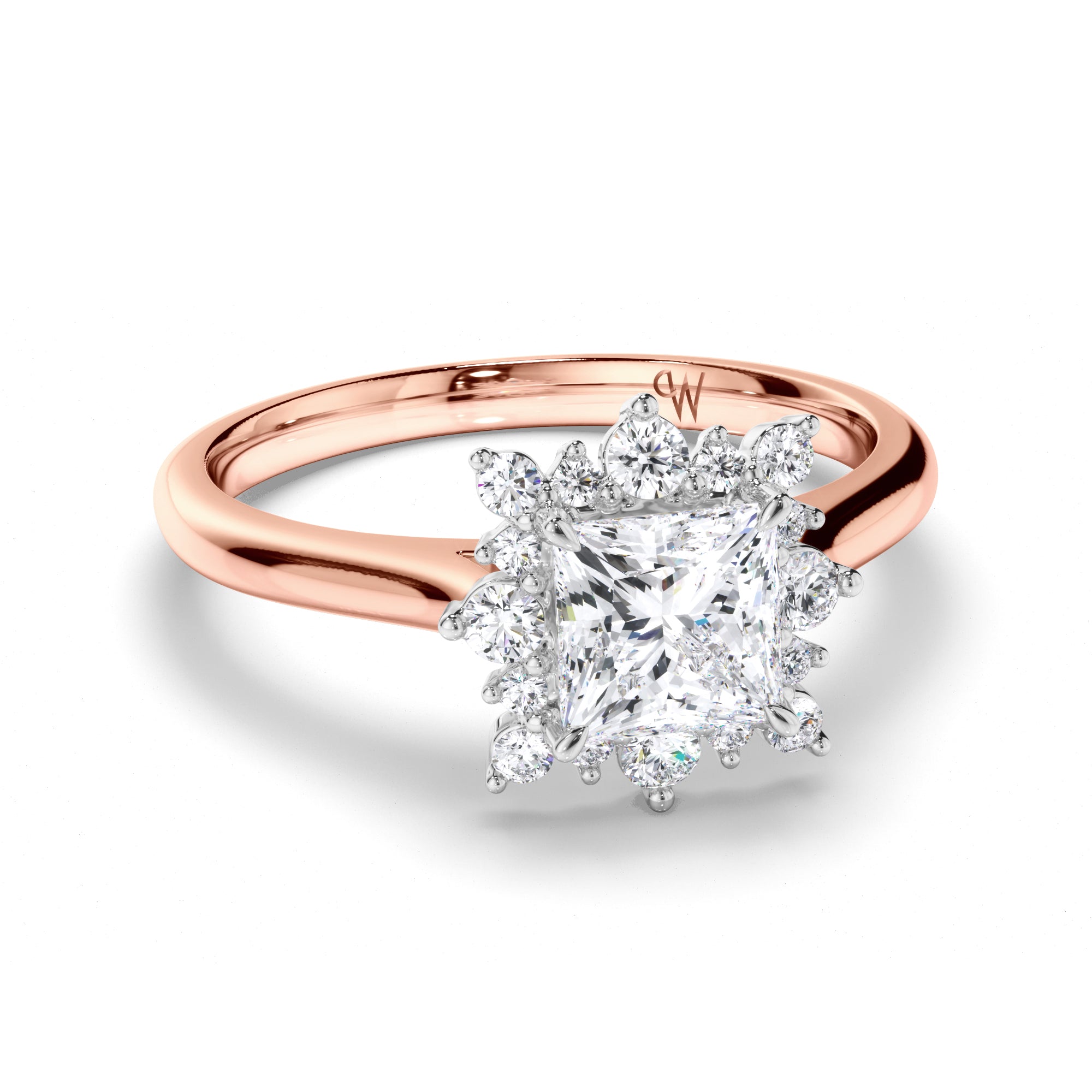 Princess Cut Diamond Engagement Ring with Scattered Halo