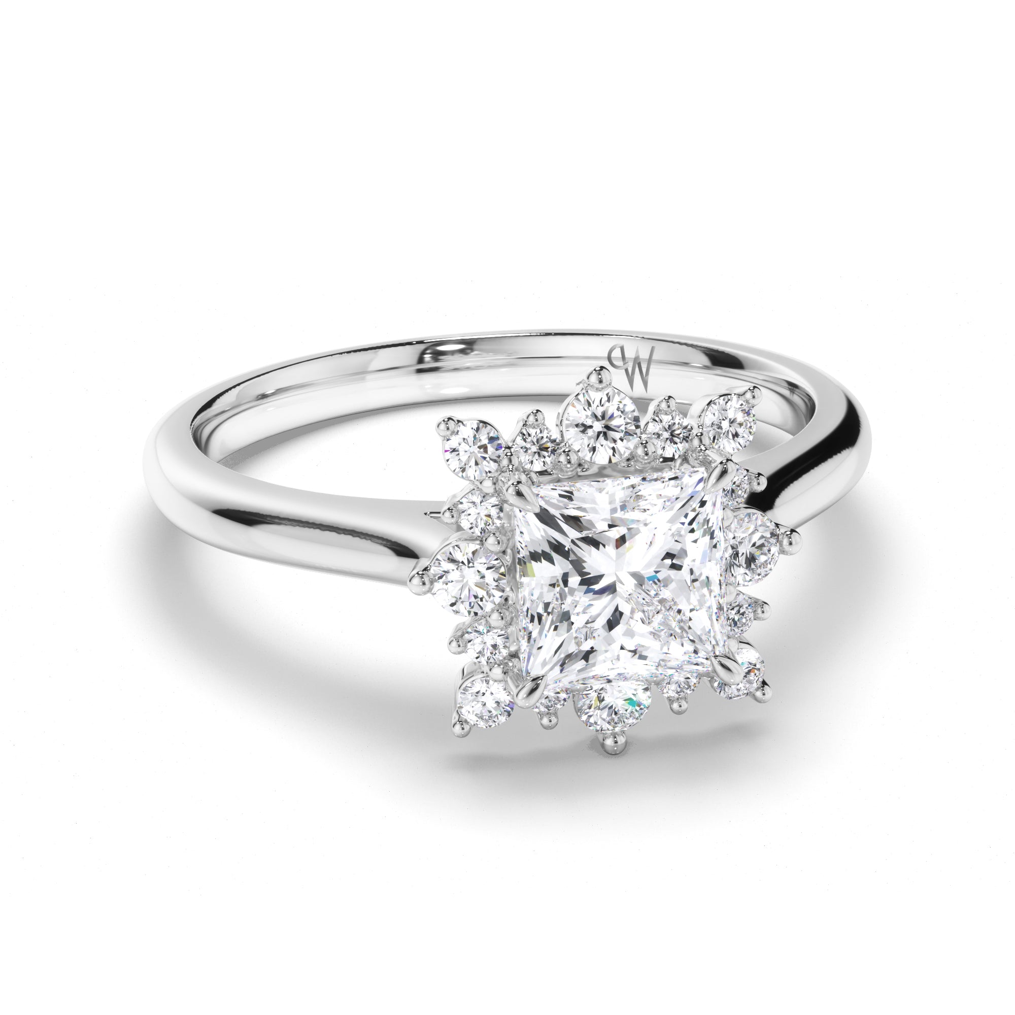 Princess Cut Diamond Engagement Ring with Scattered Halo
