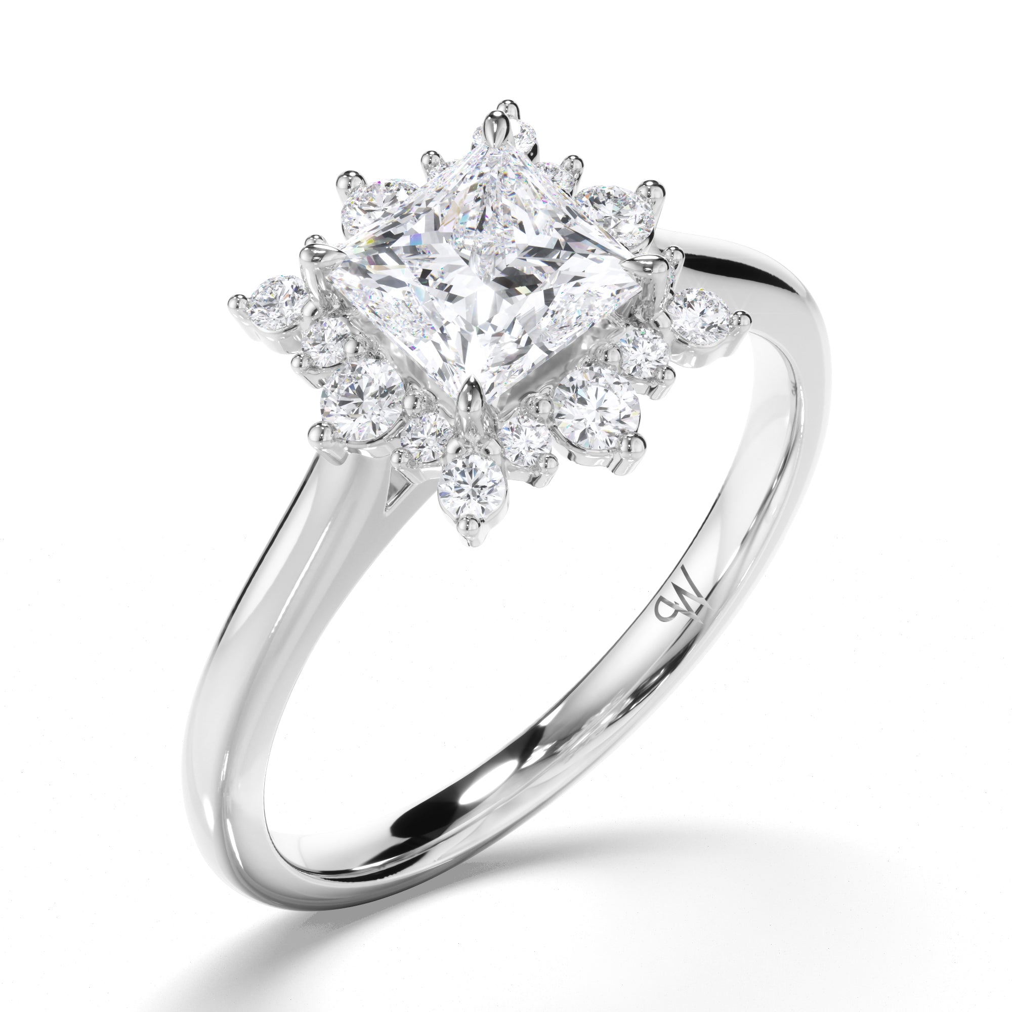 Princess Cut Diamond Engagement Ring with Scattered Halo