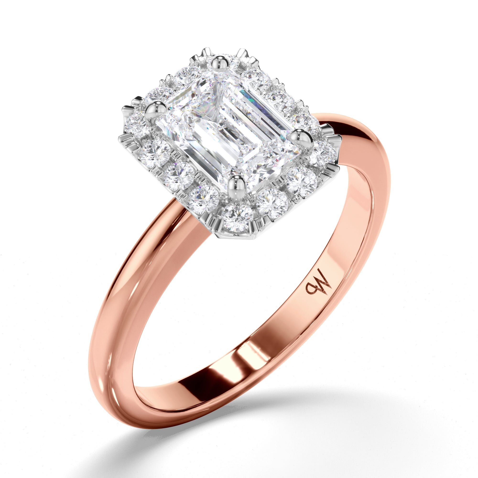 Emerald Cut Diamond Engagement Ring with Cut Claw Diamond Halo