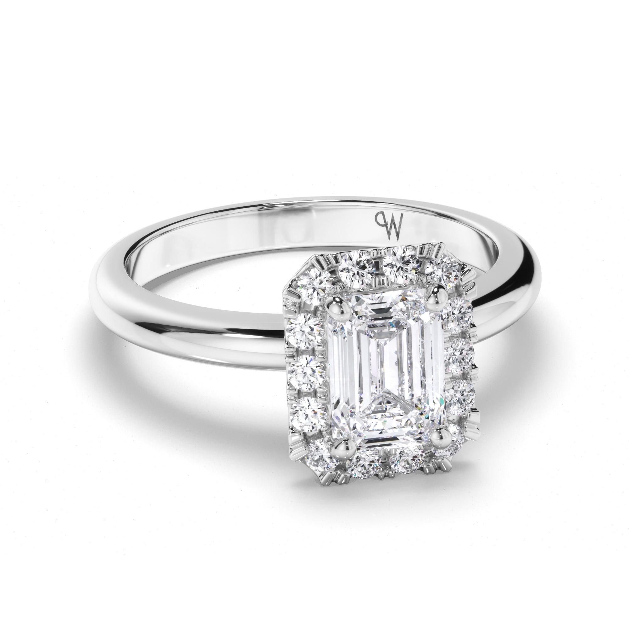 Emerald Cut Diamond Engagement Ring with Cut Claw Diamond Halo