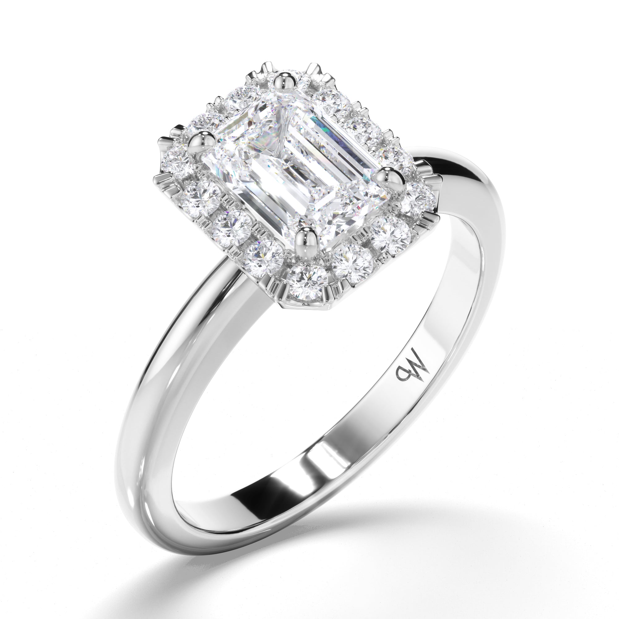 Emerald Cut Diamond Engagement Ring with Cut Claw Diamond Halo