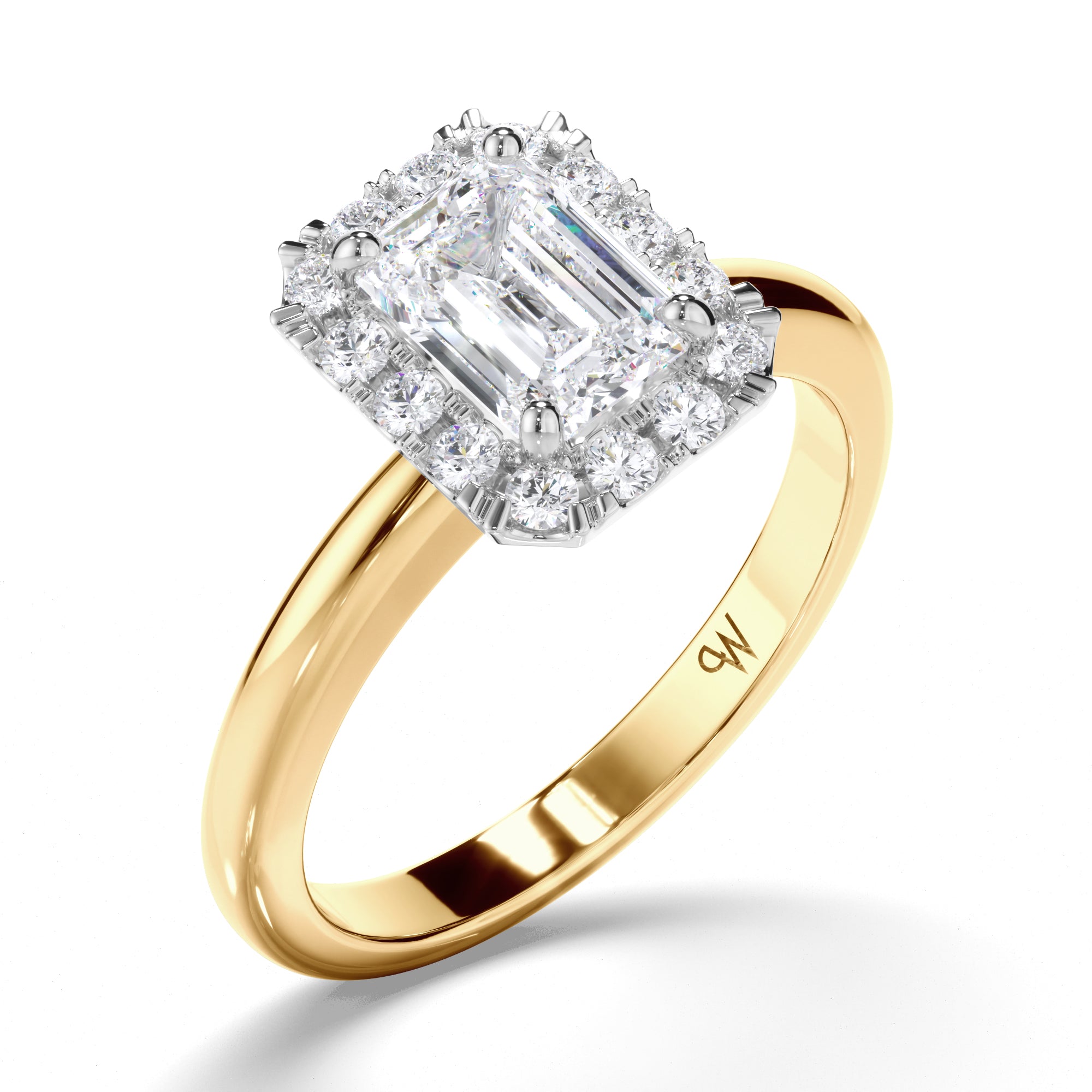 Emerald Cut Diamond Engagement Ring with Cut Claw Diamond Halo