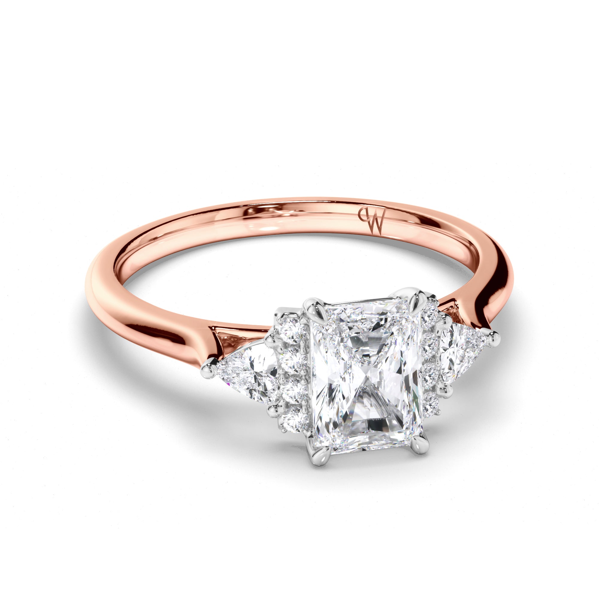 Radiant Diamond Engagement Ring with Diamond Cluster Bar and Trilliant Sides