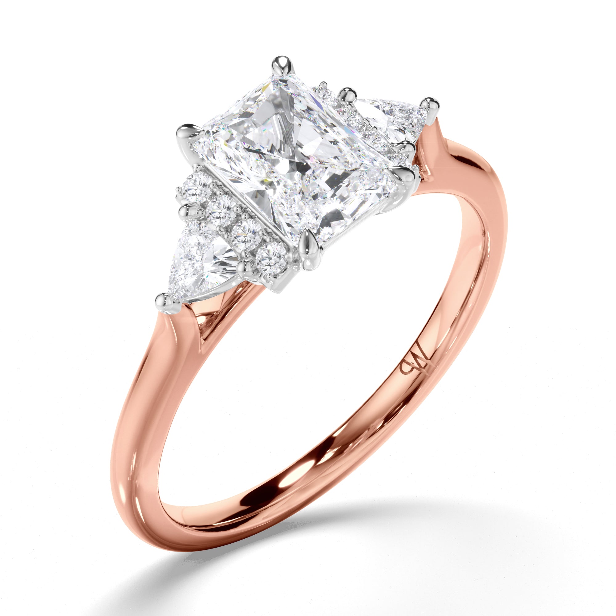 Radiant Diamond Engagement Ring with Diamond Cluster Bar and Trilliant Sides