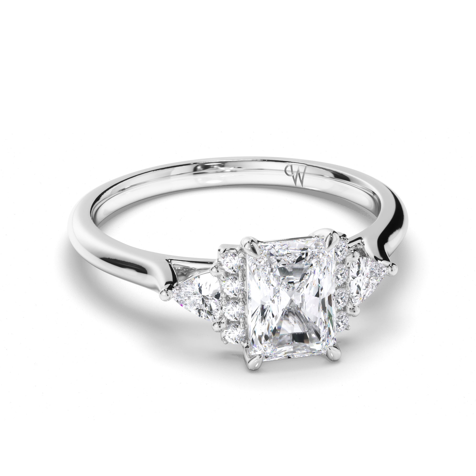 Radiant Diamond Engagement Ring with Diamond Cluster Bar and Trilliant Sides