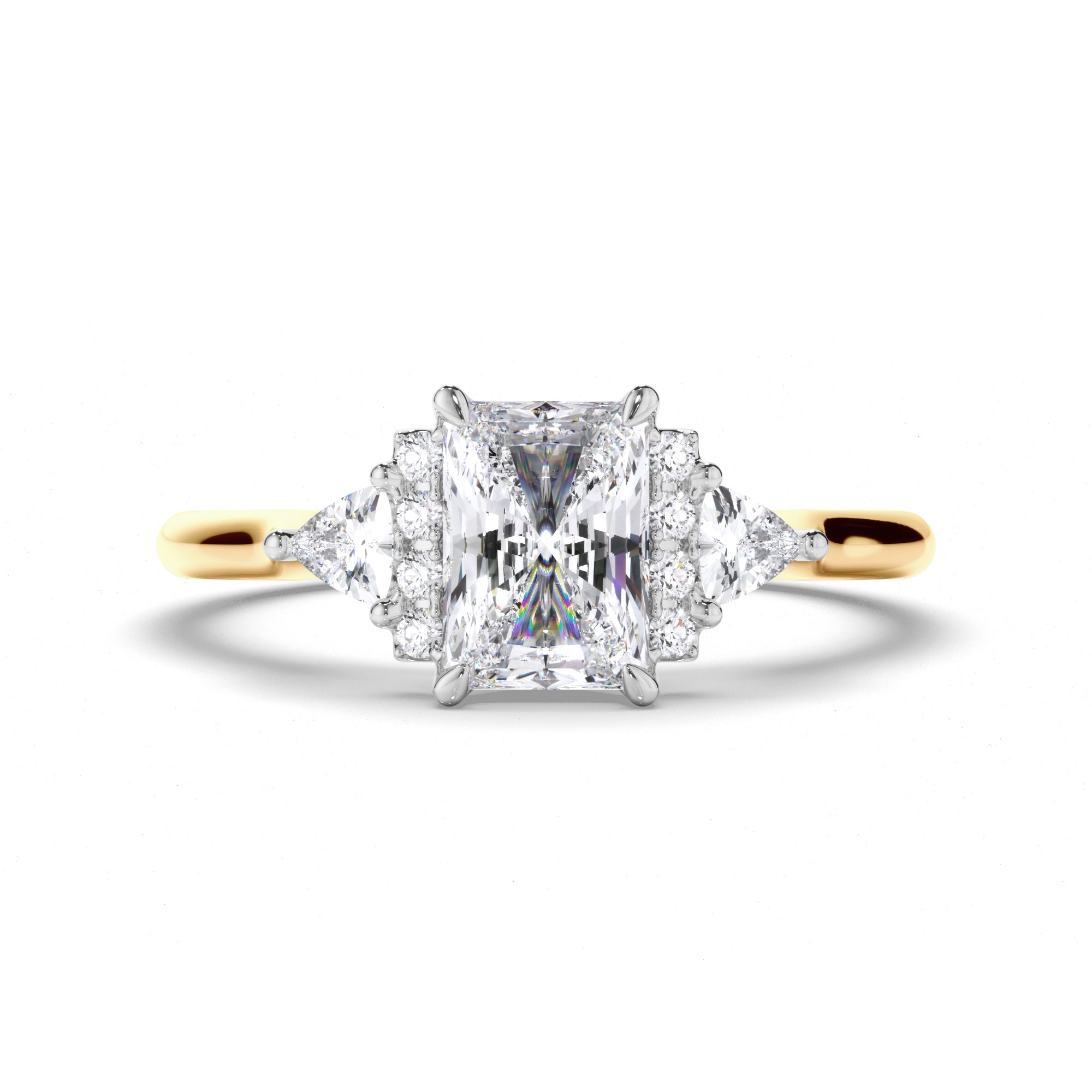 Radiant Diamond Engagement Ring with Diamond Cluster Bar and Trilliant Sides