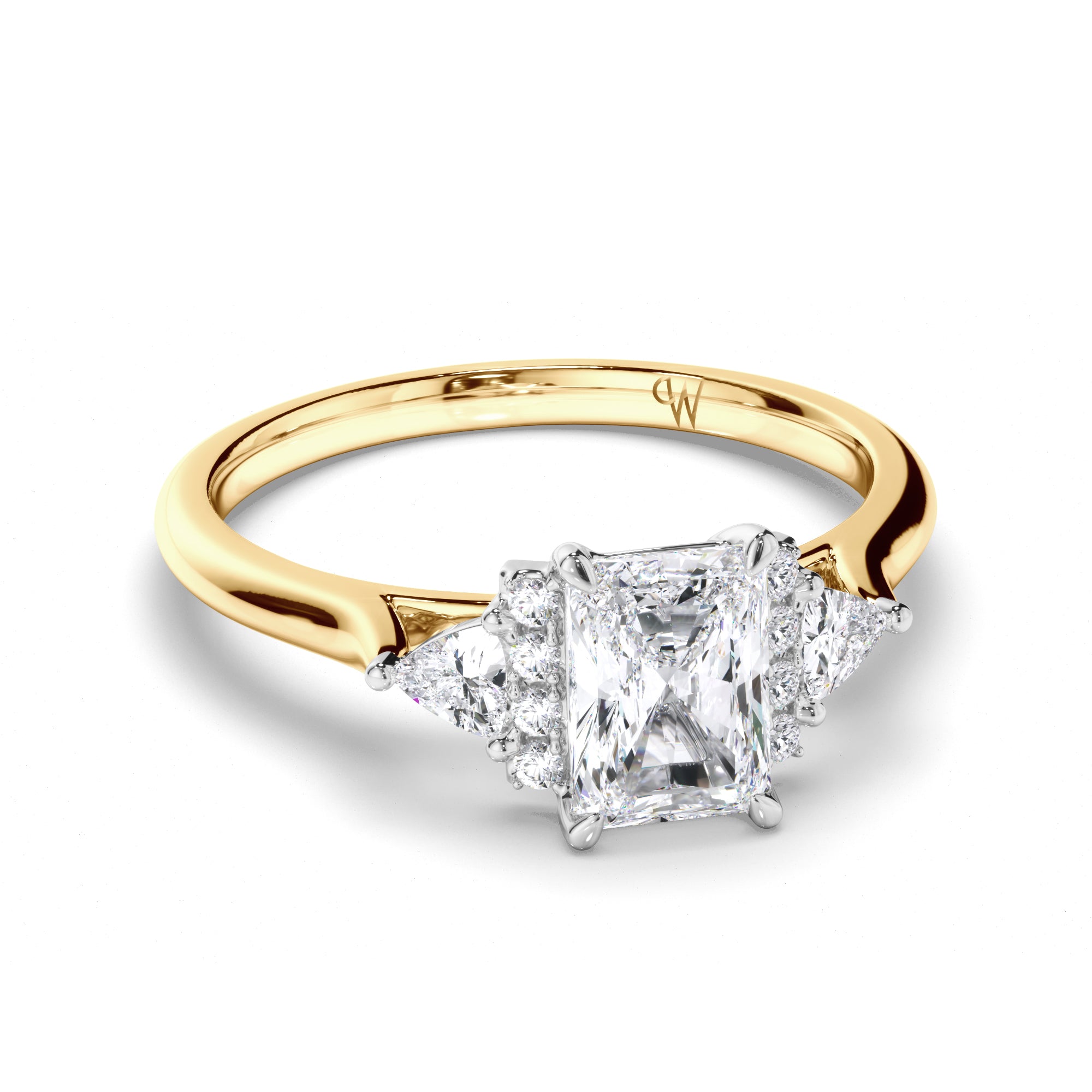 Radiant Diamond Engagement Ring with Diamond Cluster Bar and Trilliant Sides
