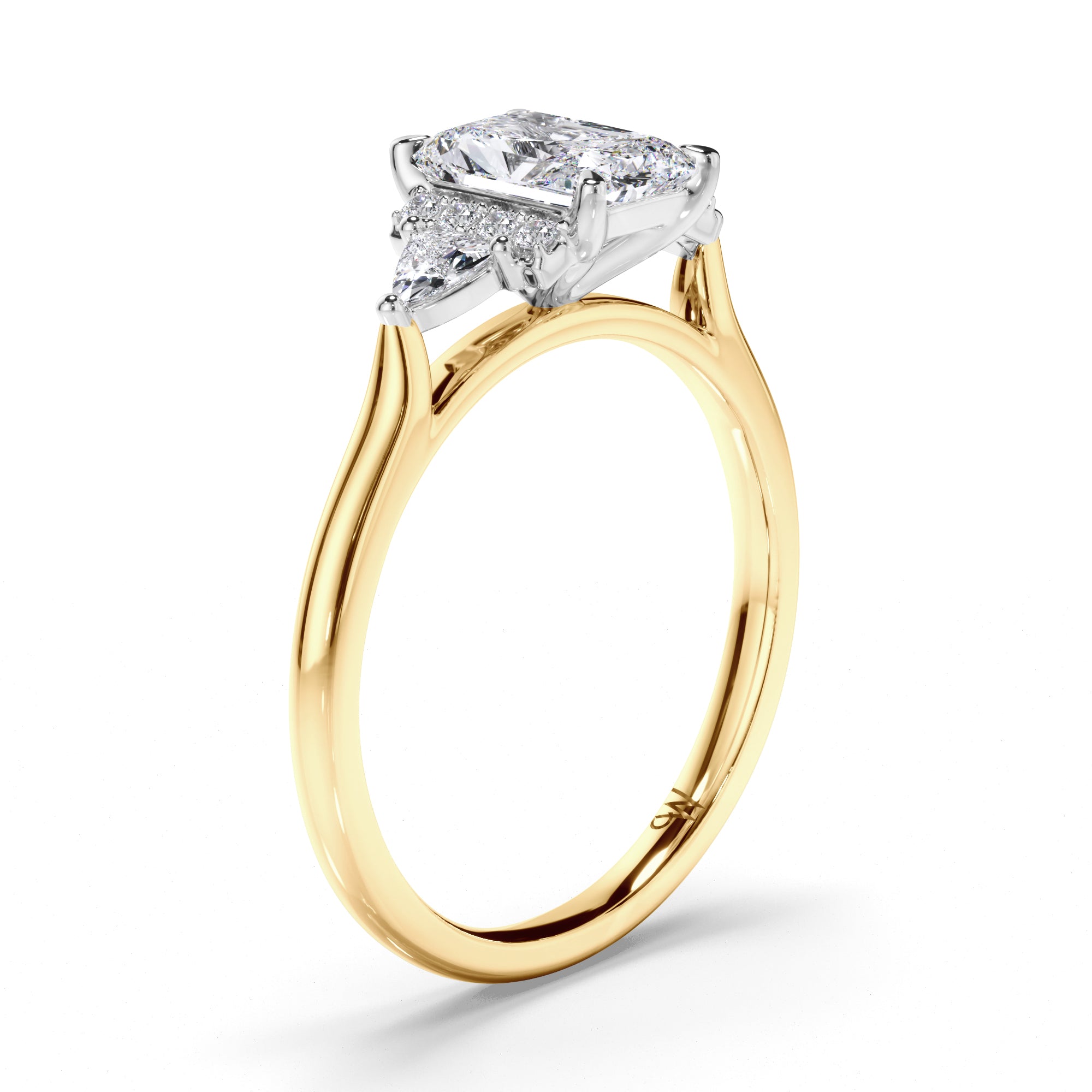 Radiant Diamond Engagement Ring with Diamond Cluster Bar and Trilliant Sides