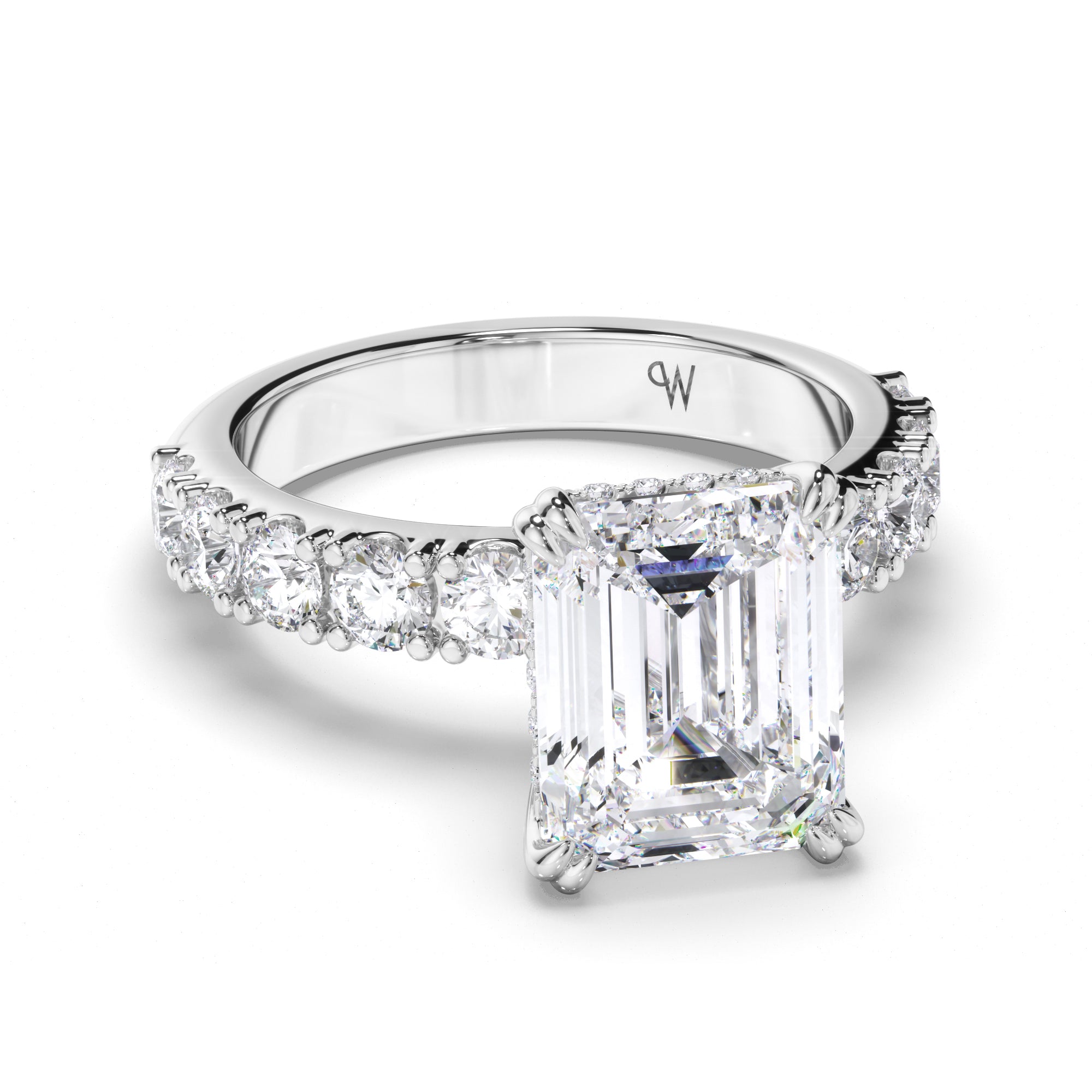 Emerald Cut Diamond Engagement ring with Cut Claw Diamond Band
