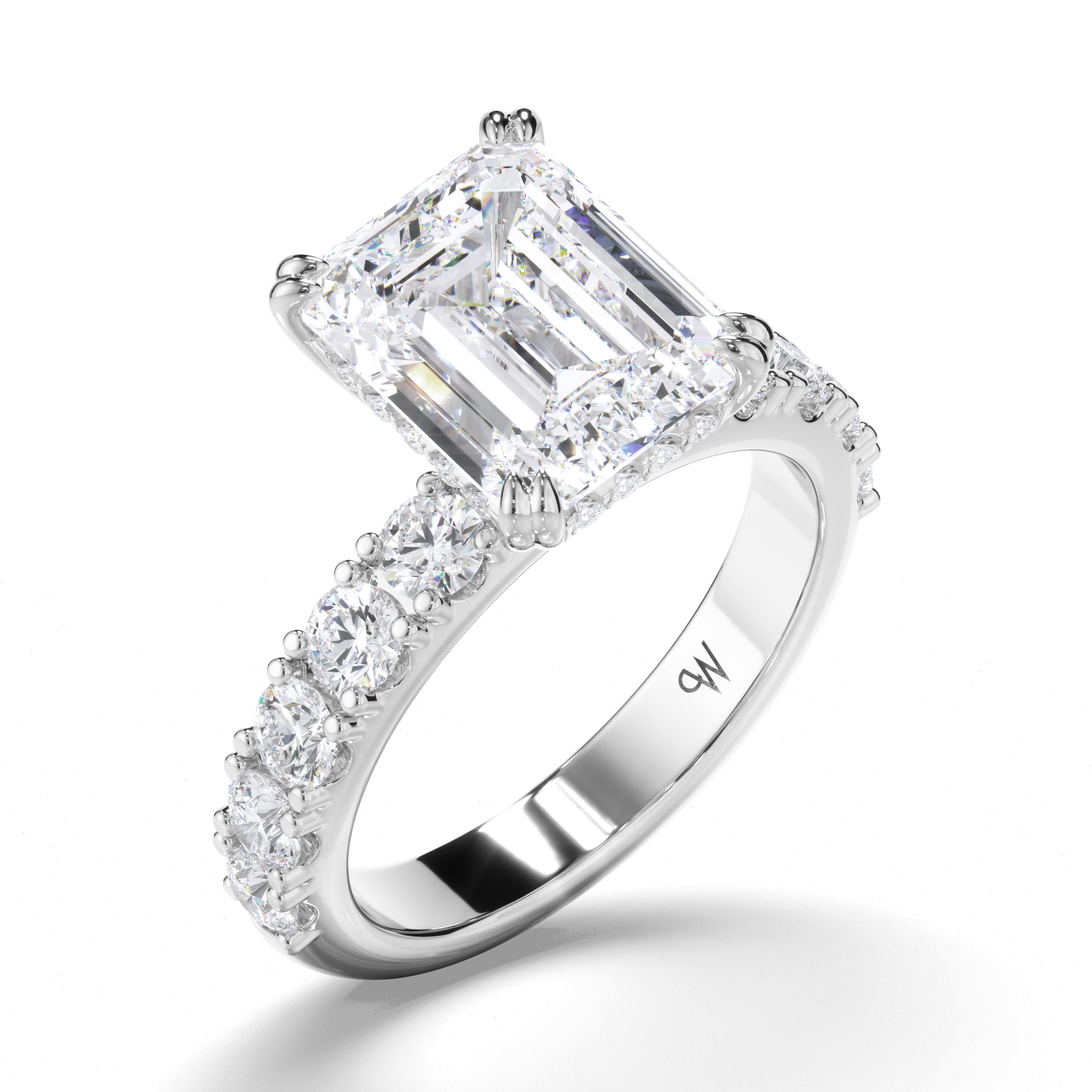 Emerald Cut Diamond Engagement ring with Cut Claw Diamond Band