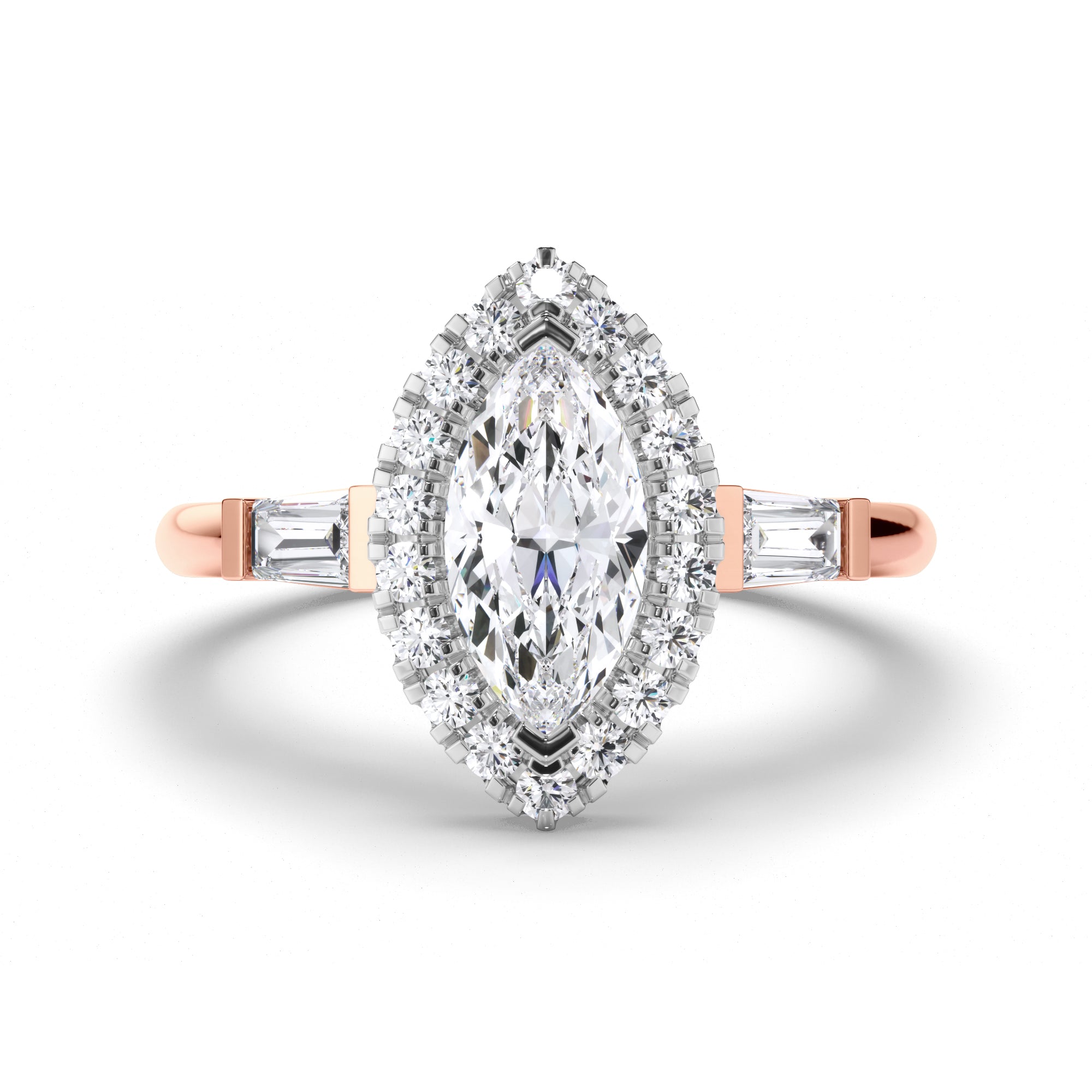Marquise Diamond Engagement Ring with Halo and Baguette Sides