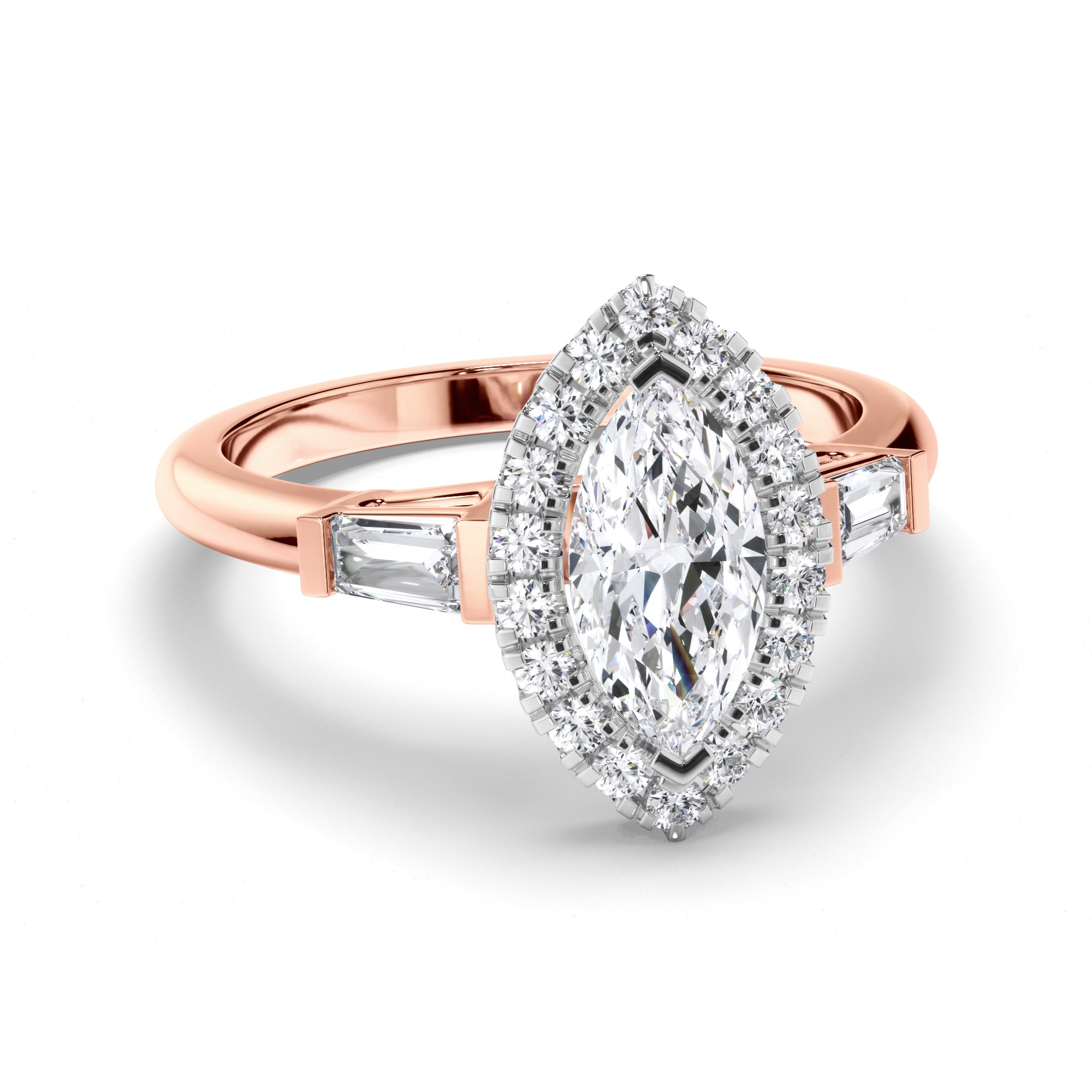 Marquise Diamond Engagement Ring with Halo and Baguette Sides