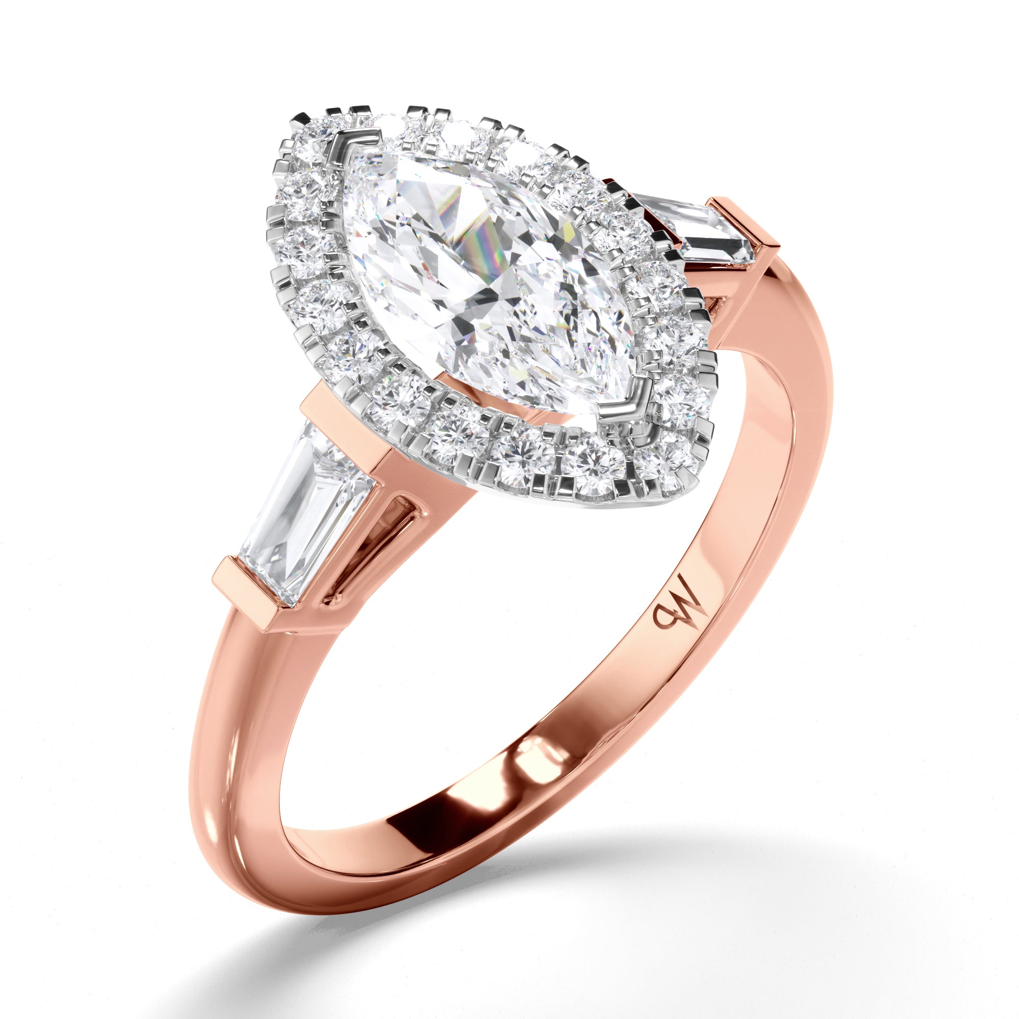 Marquise Diamond Engagement Ring with Halo and Baguette Sides