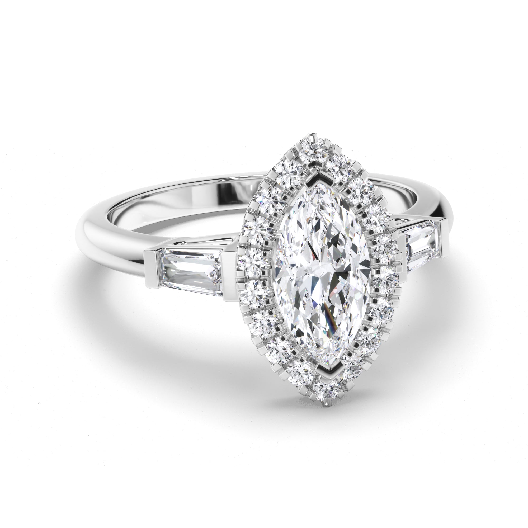 Marquise Diamond Engagement Ring with Halo and Baguette Sides