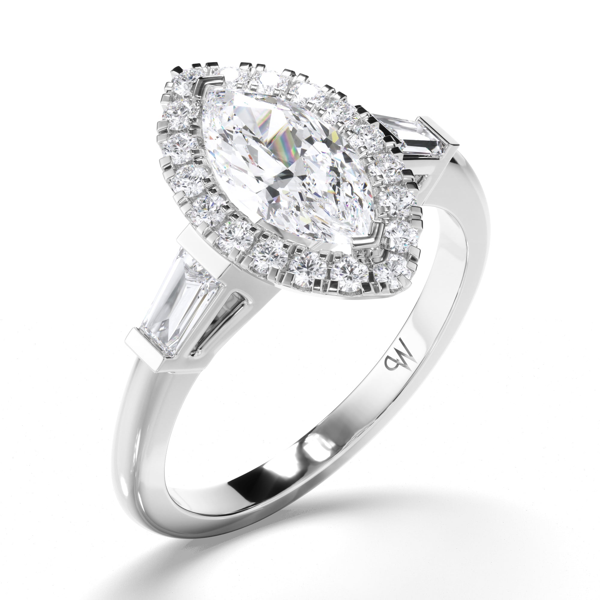 Marquise Diamond Engagement Ring with Halo and Baguette Sides