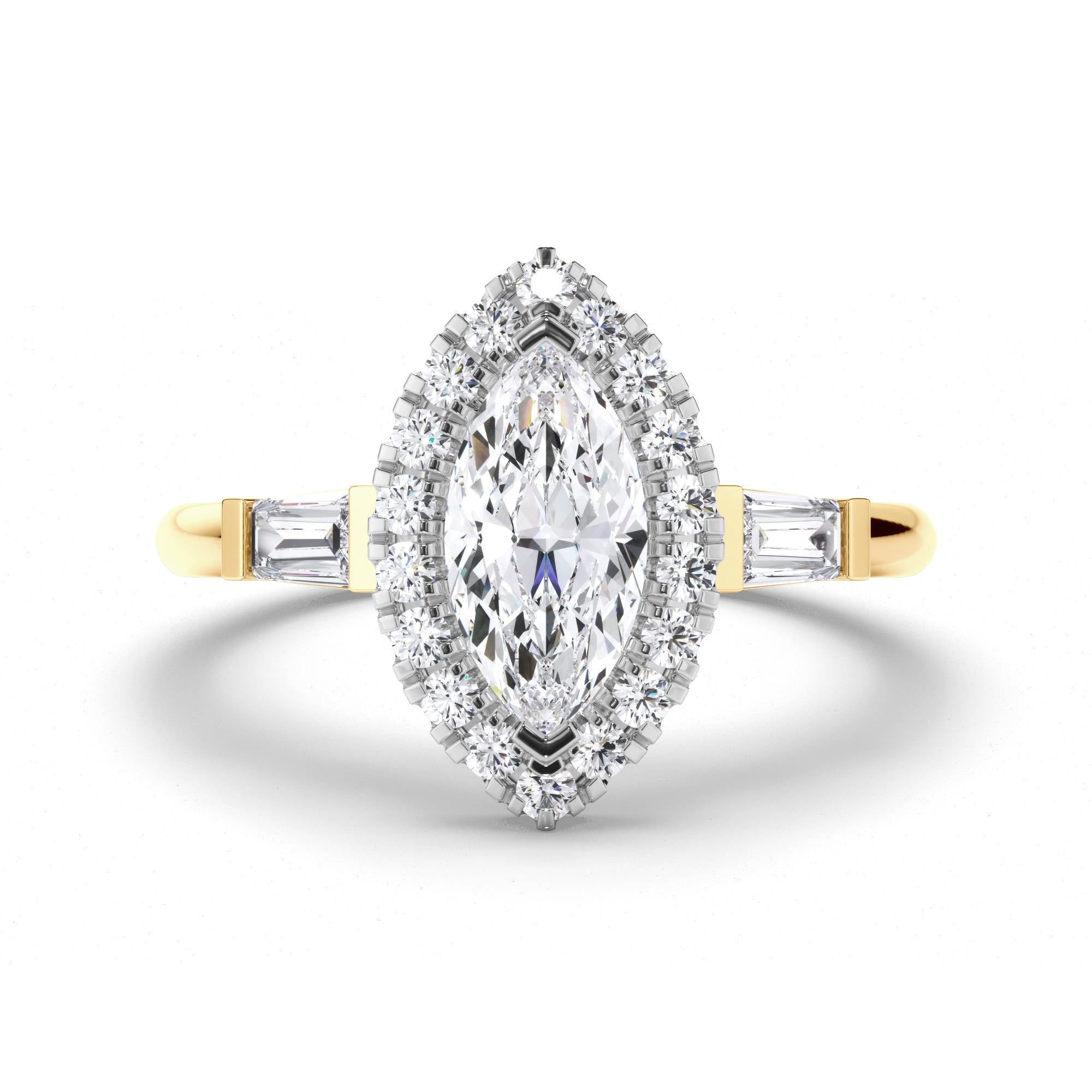 Marquise Diamond Engagement Ring with Halo and Baguette Sides