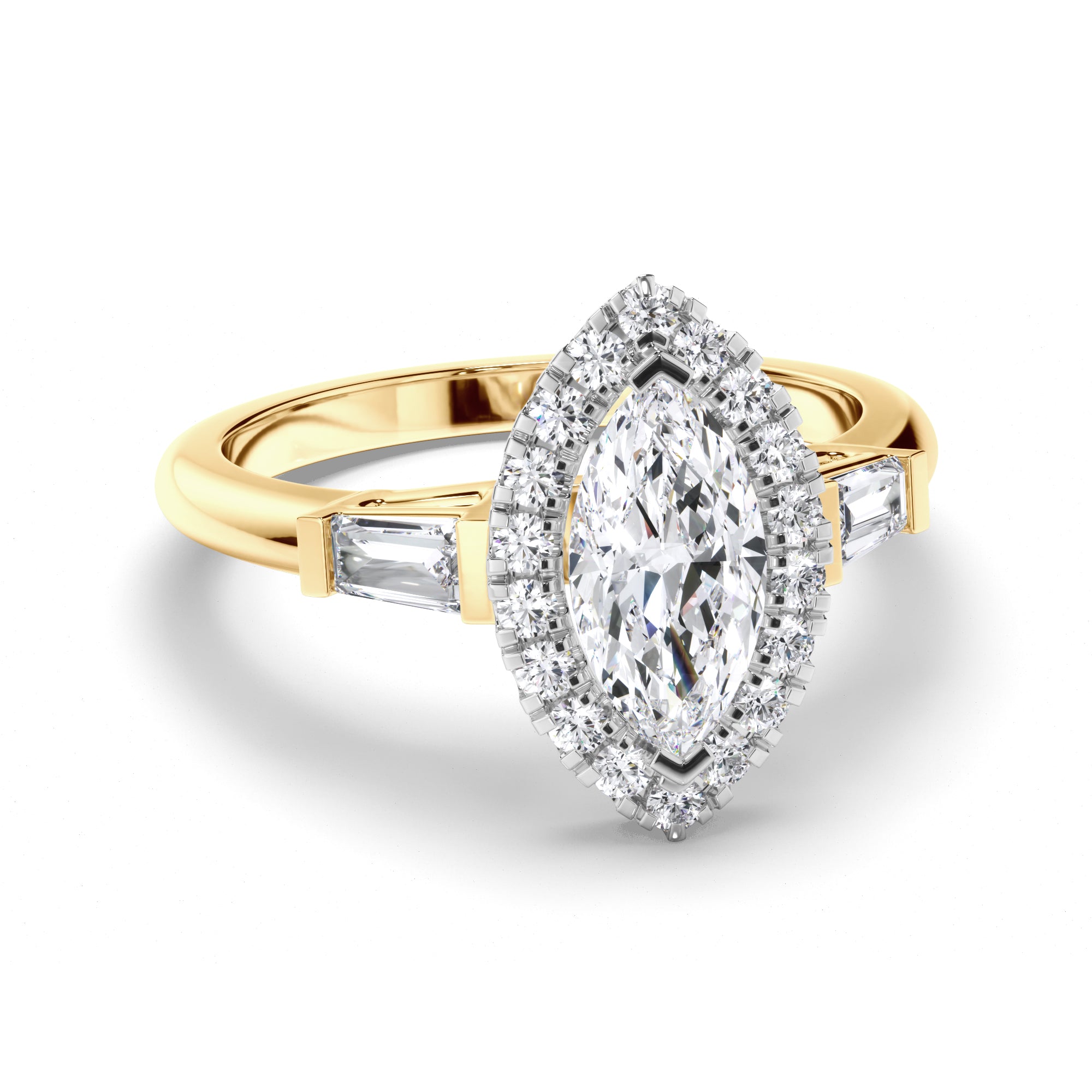 Marquise Diamond Engagement Ring with Halo and Baguette Sides