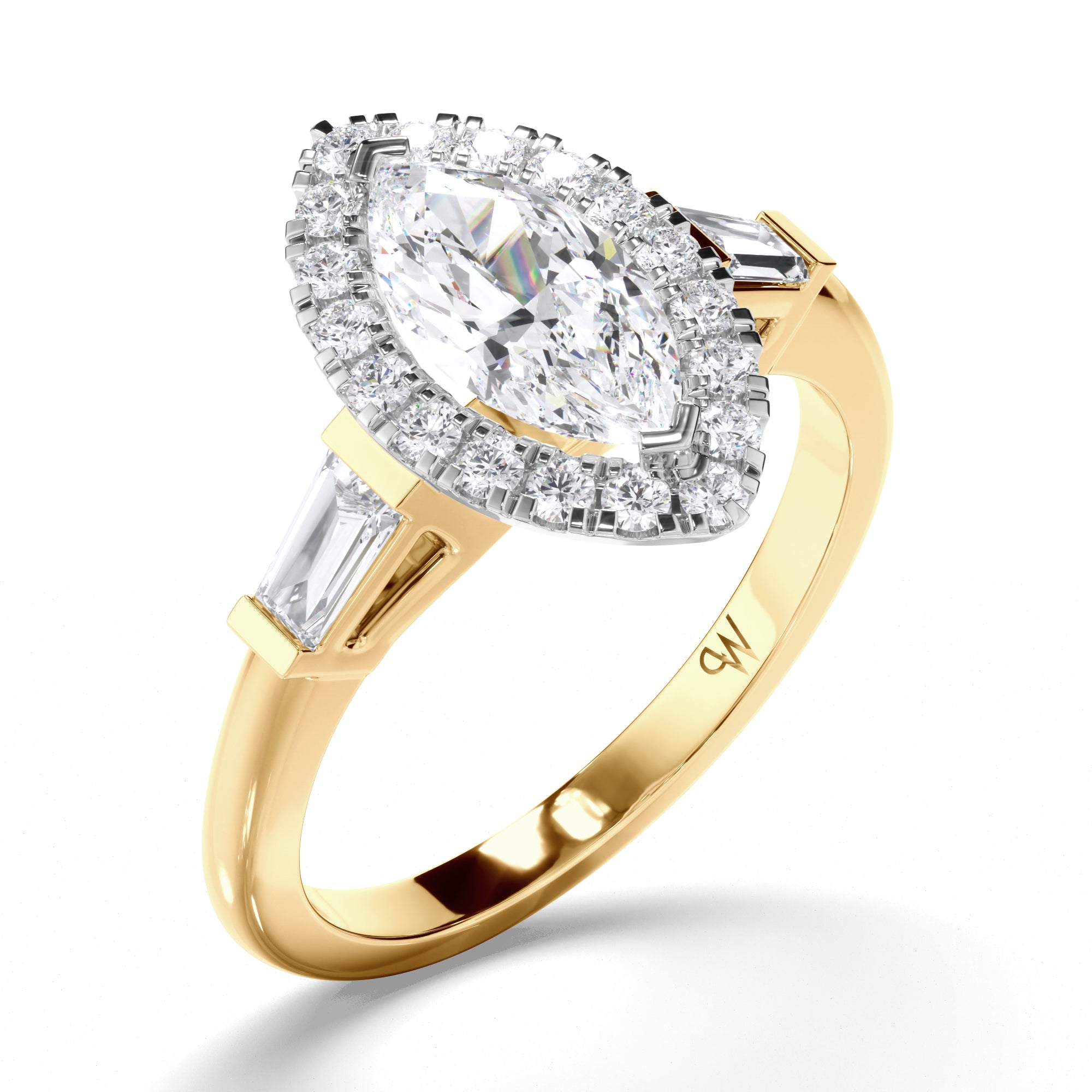 Marquise Diamond Engagement Ring with Halo and Baguette Sides