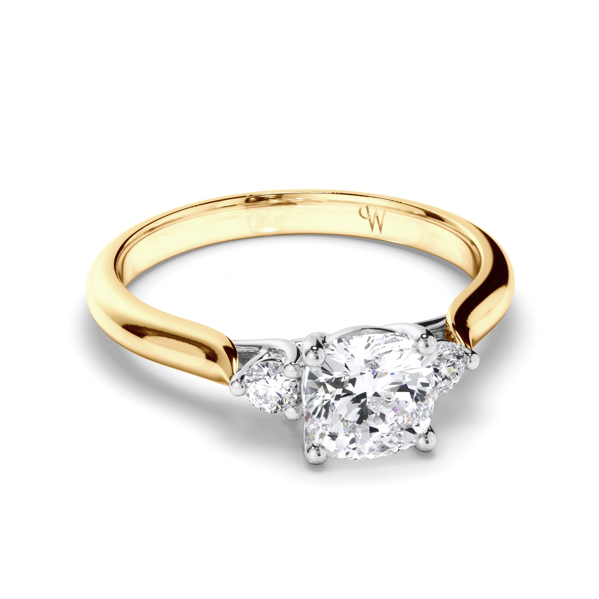 Cushion Diamond Trilogy Engagement Ring with Round Brilliant Sides