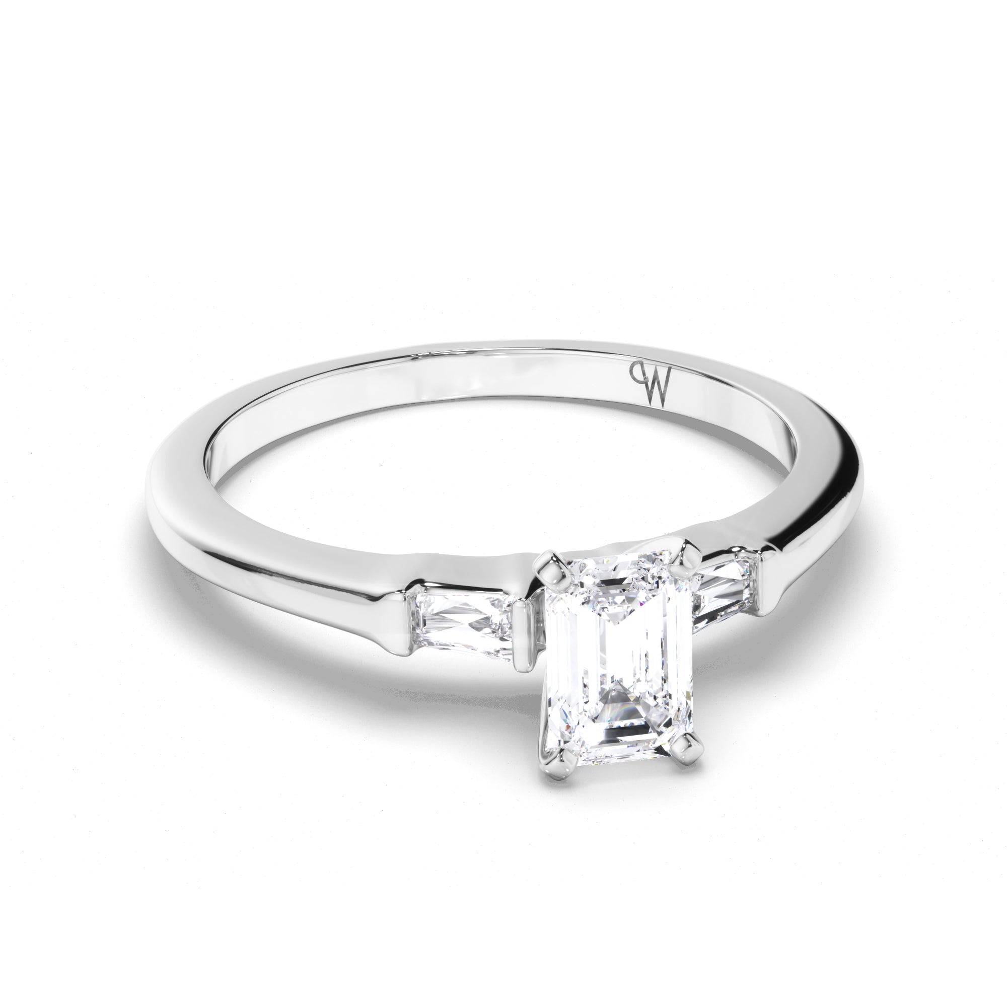 Emerald Cut Diamond Trilogy Engagement Ring with Baguette Sides