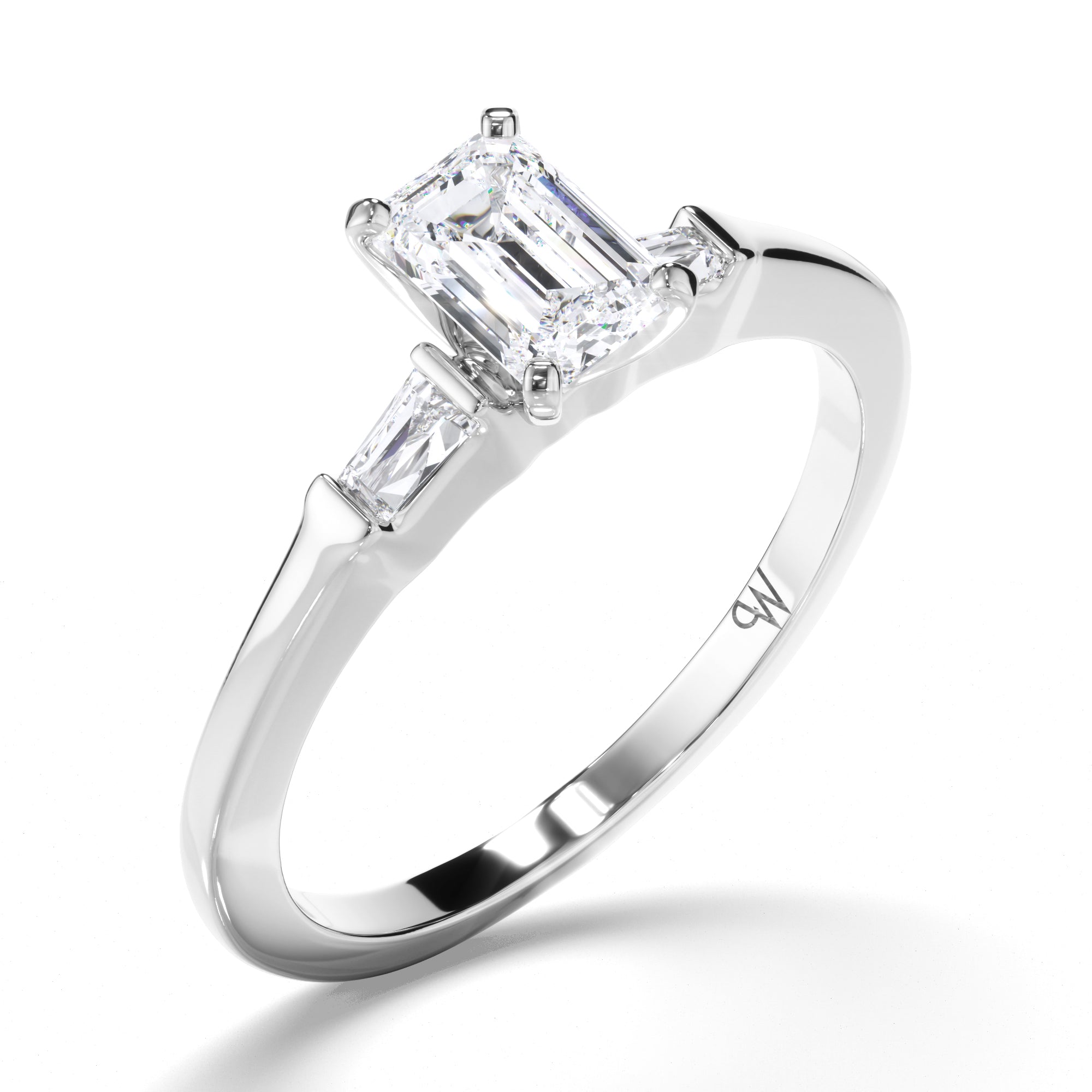 Emerald Cut Diamond Trilogy Engagement Ring with Baguette Sides