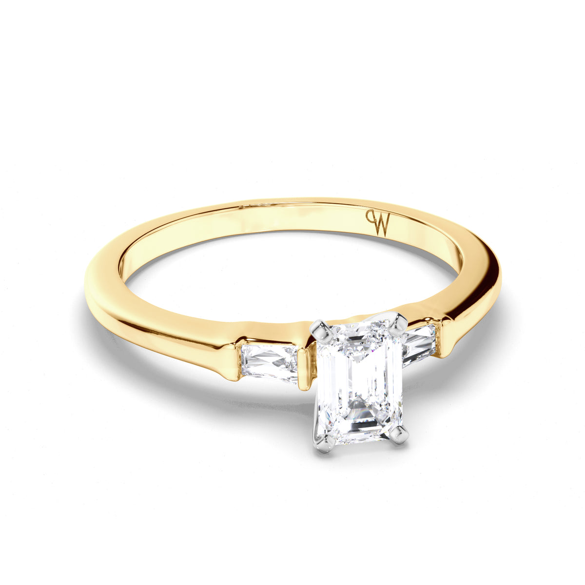 Emerald Cut Diamond Trilogy Engagement Ring with Baguette Sides