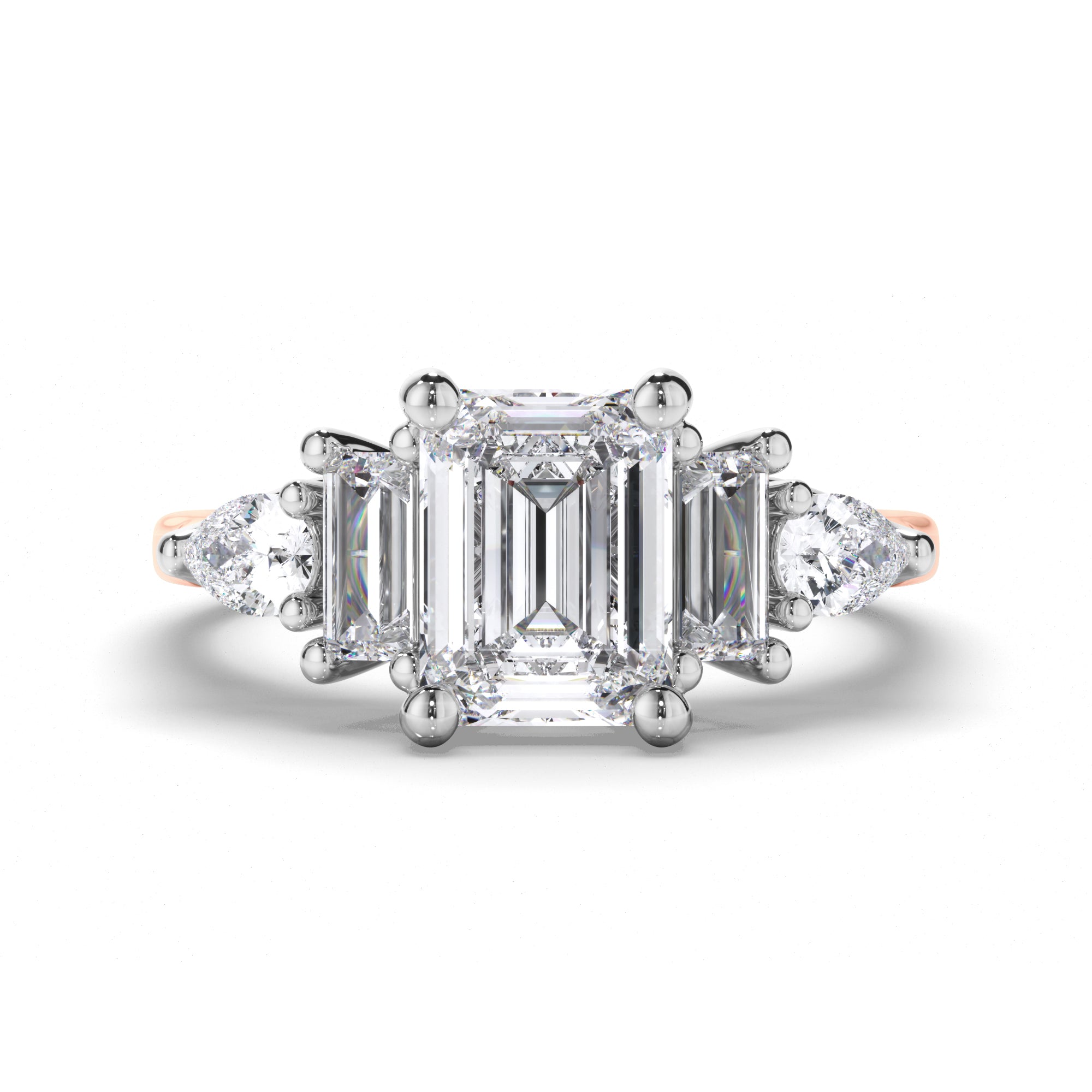 Emerald Cut Diamond Engagement Ring with Baguette and Pear Shape Sides