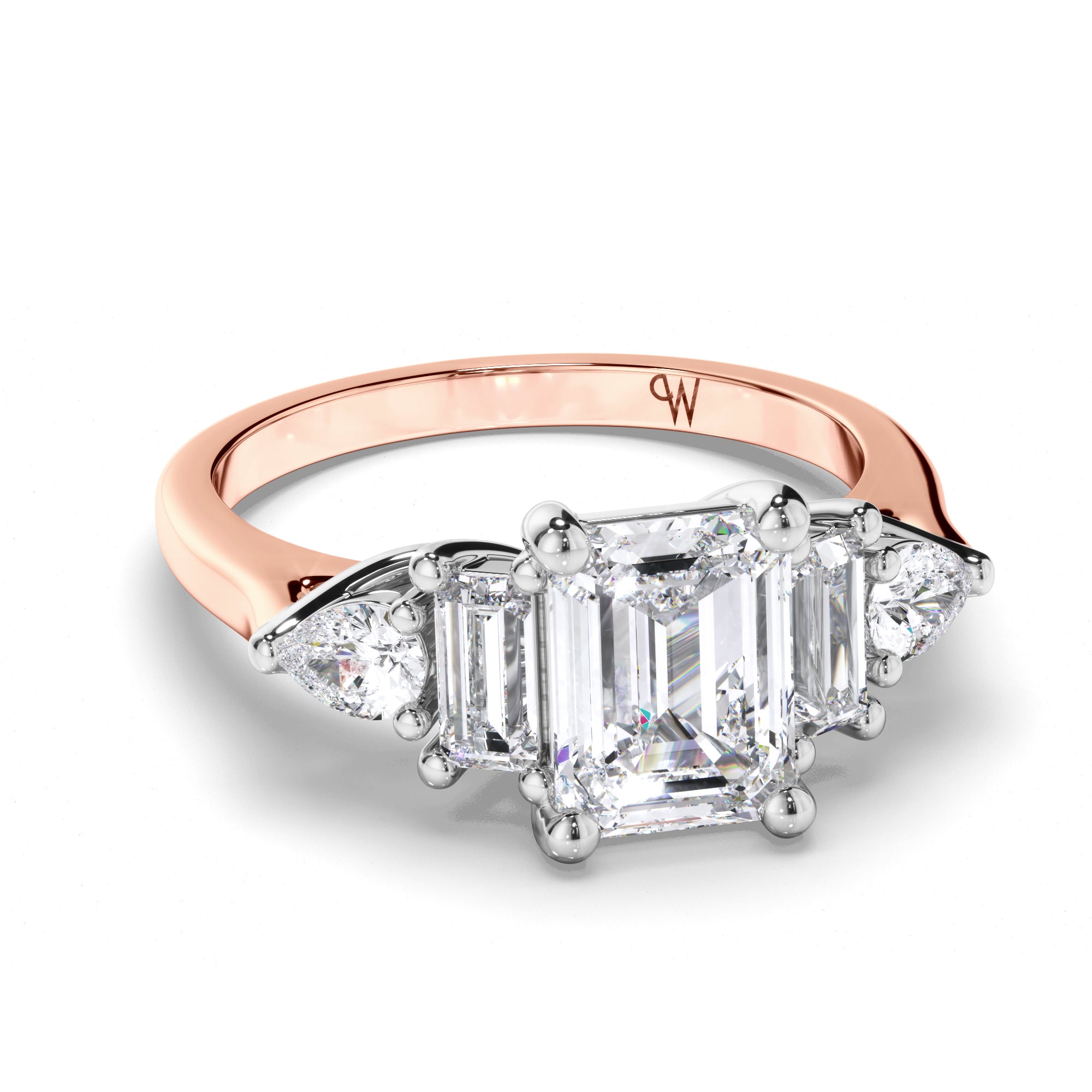 Emerald Cut Diamond Engagement Ring with Baguette and Pear Shape Sides
