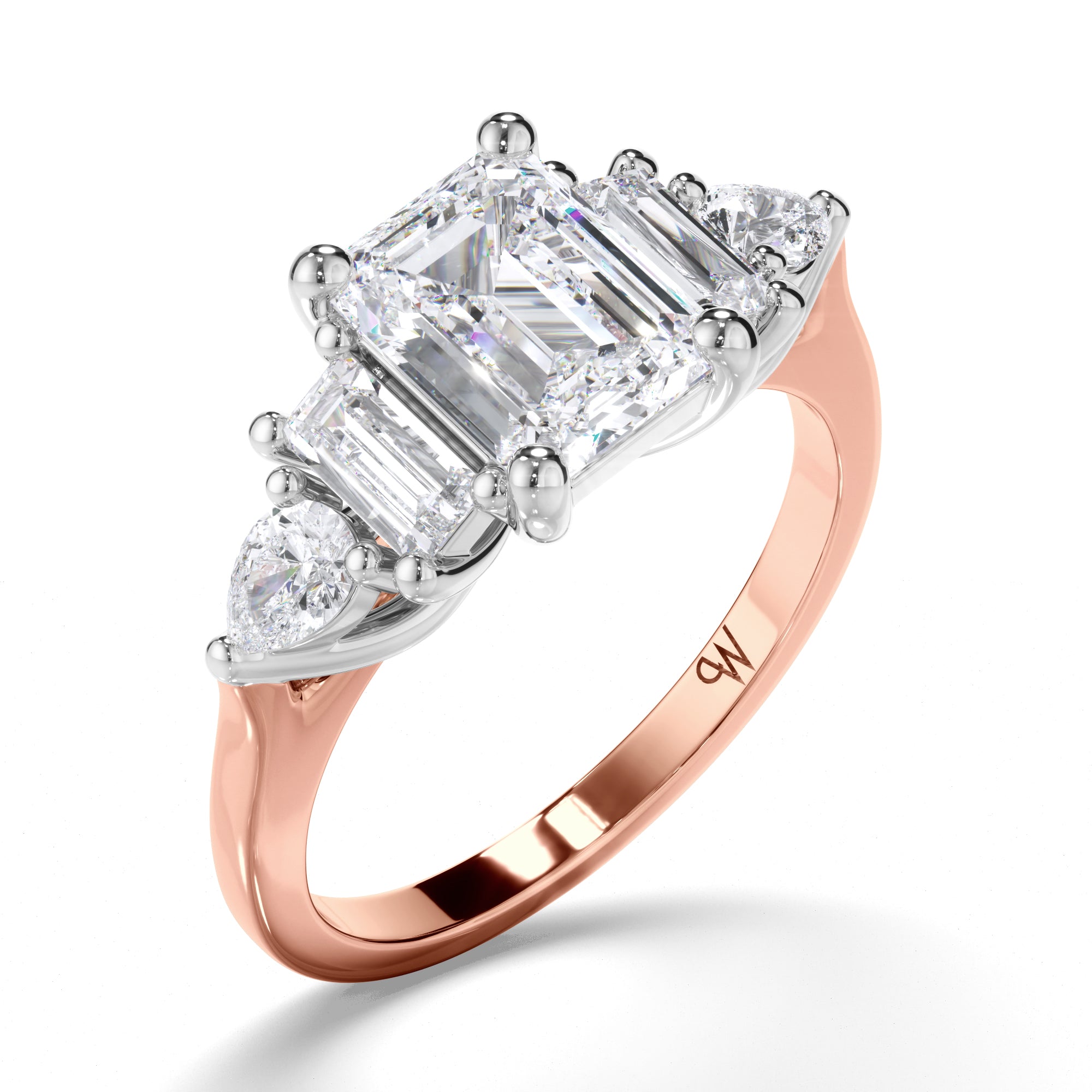 Emerald Cut Diamond Engagement Ring with Baguette and Pear Shape Sides