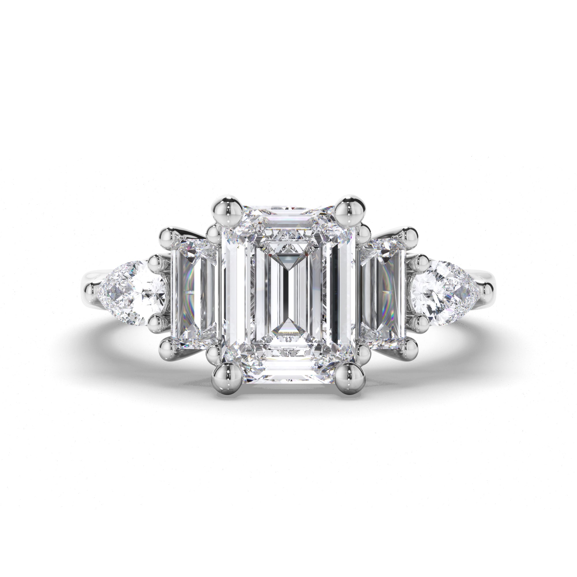 Emerald Cut Diamond Engagement Ring with Baguette and Pear Shape Sides