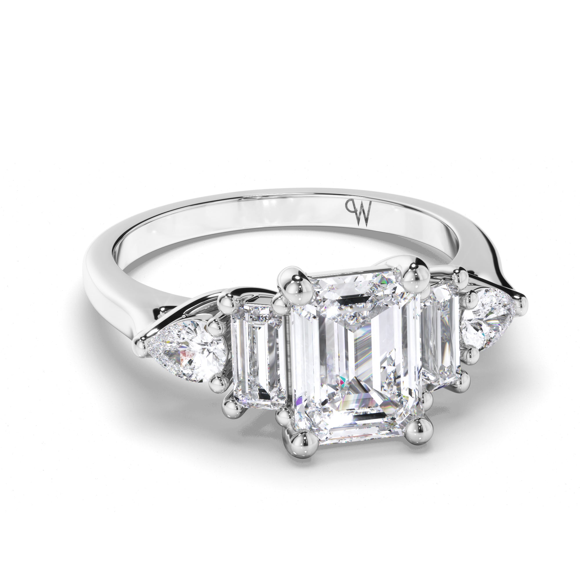Emerald Cut Diamond Engagement Ring with Baguette and Pear Shape Sides