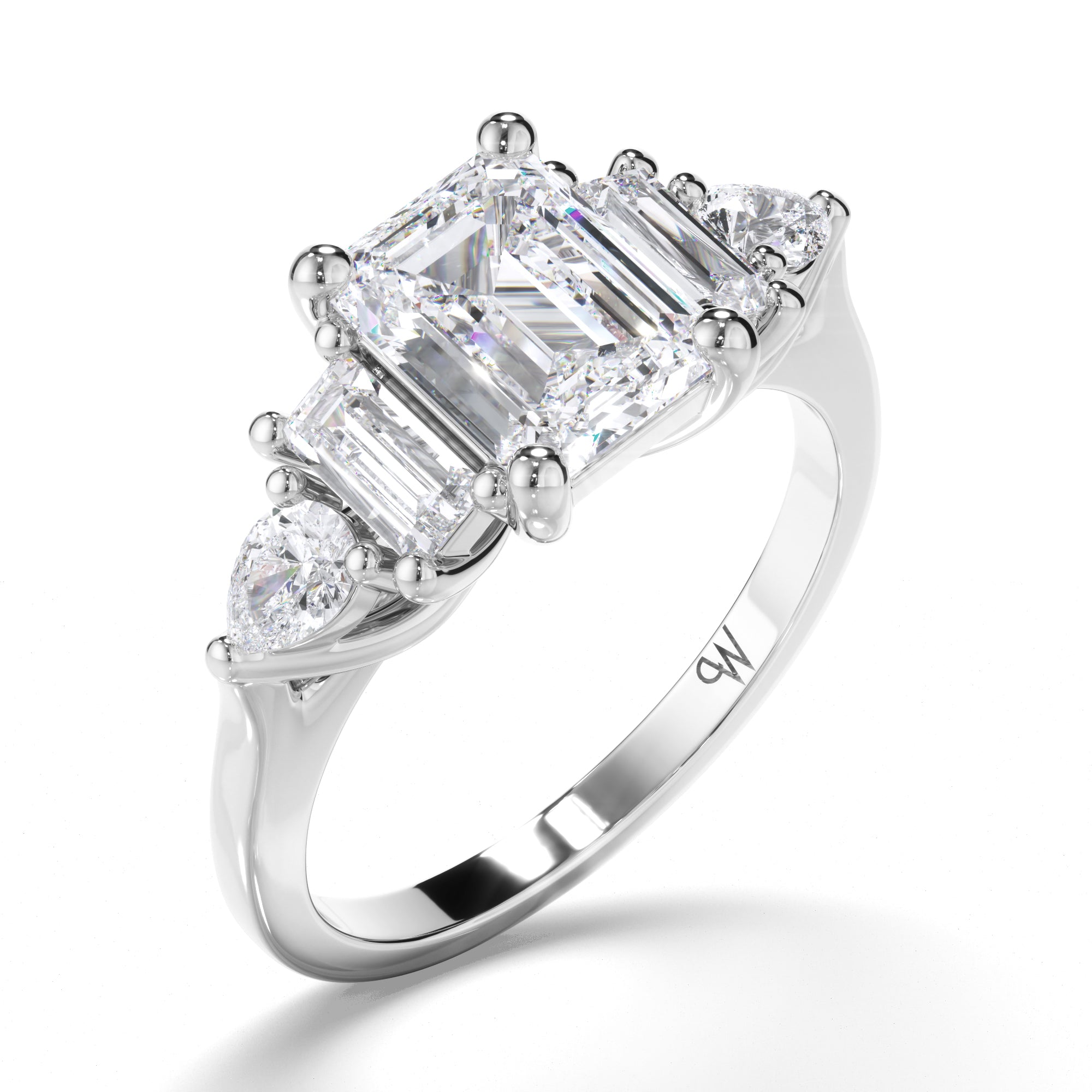 Emerald Cut Diamond Engagement Ring with Baguette and Pear Shape Sides