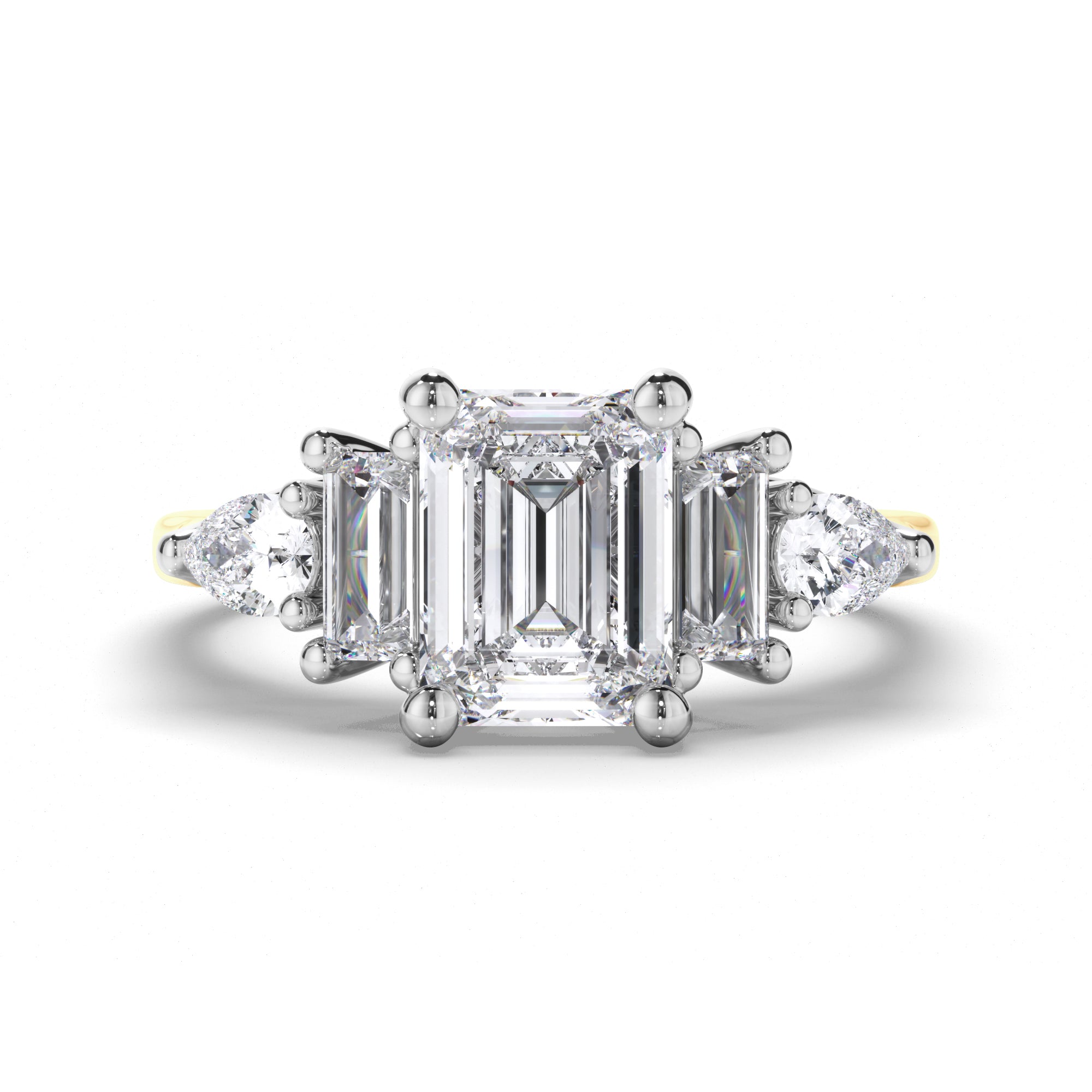 Emerald Cut Diamond Engagement Ring with Baguette and Pear Shape Sides
